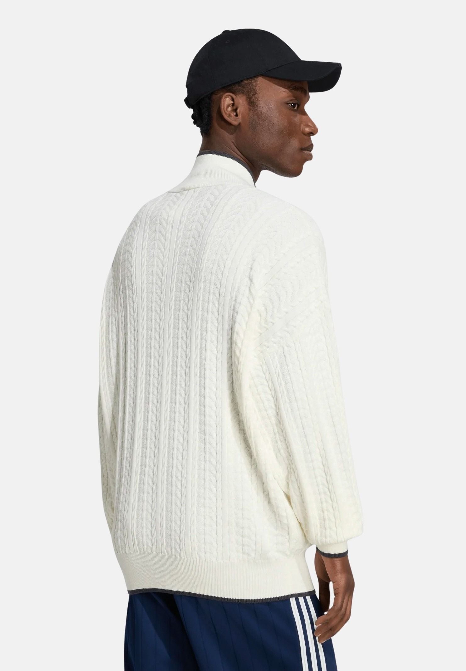 ADIDAS ORIGINALS Cardigan CABLE KNIT FIREBIRD bianco da uomo con lavorazione a trecce KR9762 . ADIDAS ORIGINALS 