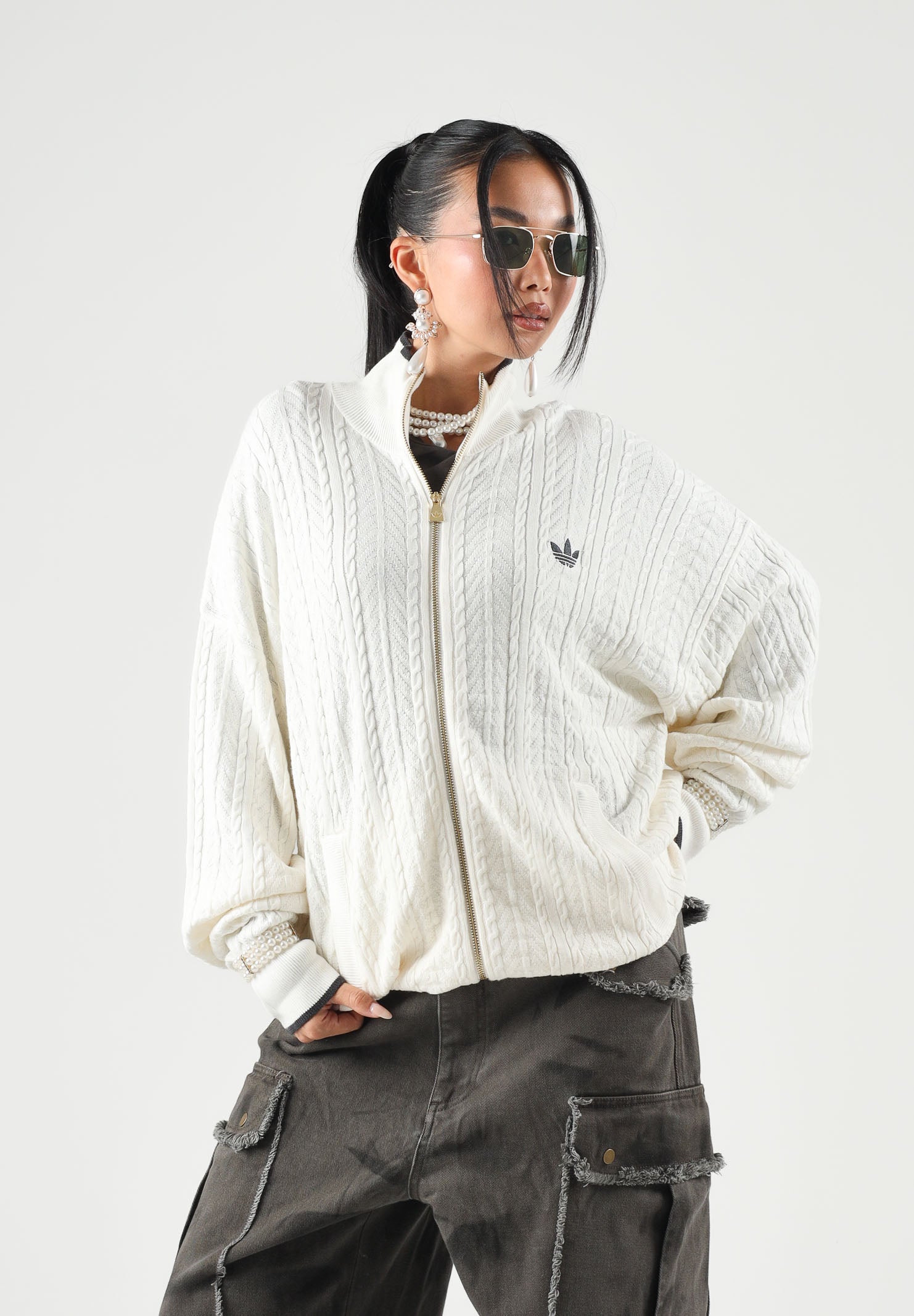 ADIDAS ORIGINALS Cardigan TRACK TOP FIREBIRD bianco da uomo e da donna  con lavorazione a trecce KR9762 . ADIDAS ORIGINALS 