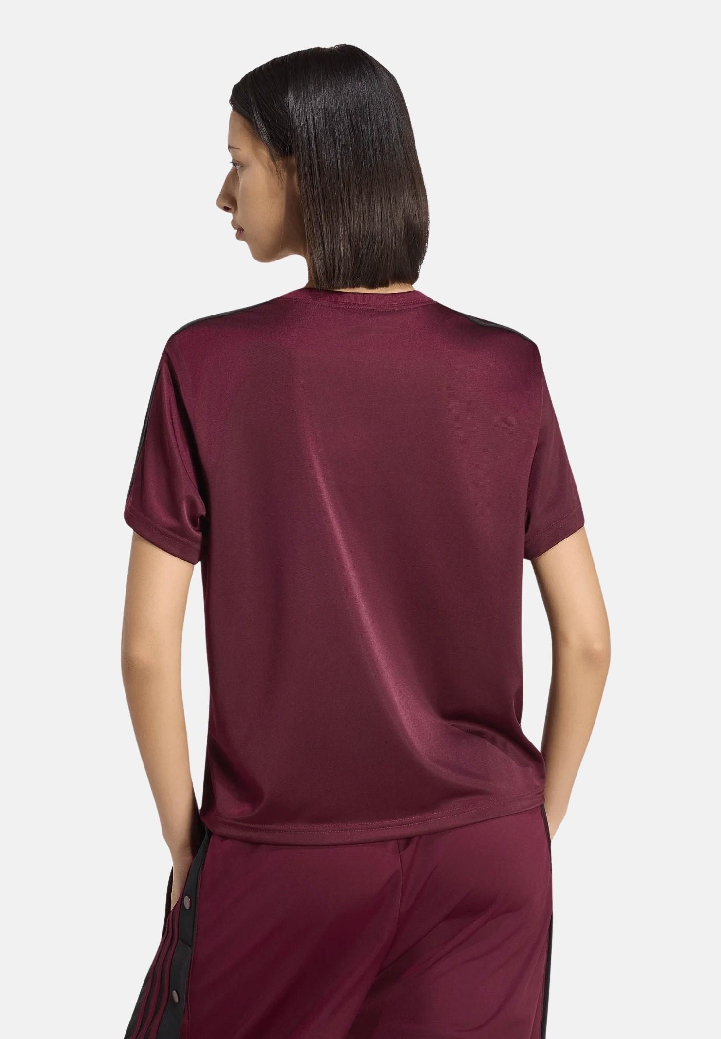 ADIDAS ORIGINALS T-shirt FIREBIRD TEE SHADOW marrone e bordeaux da donna con iconiche 3- stripes nere KS4799 . ADIDAS ORIGINALS 