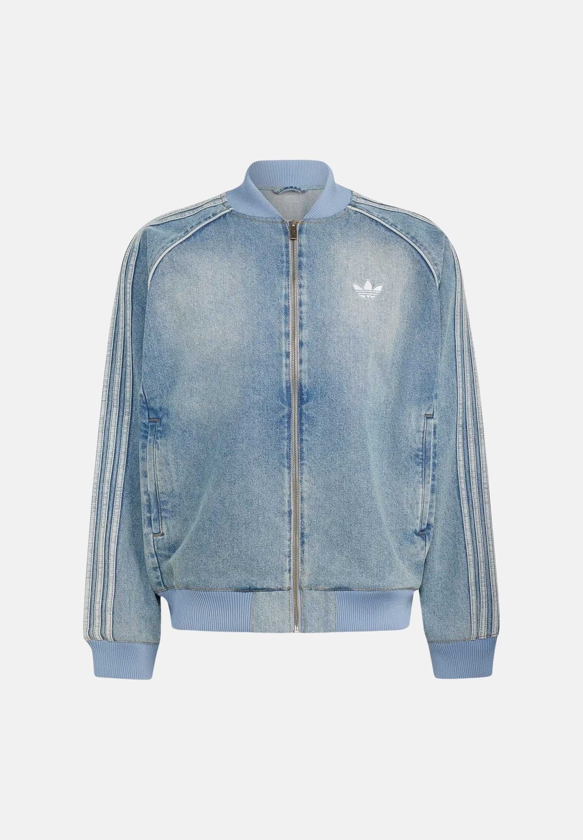 ADIDAS ORIGINALS Giubbotto di jeans SST ADICOLOR worn blu da uomo con zip e iconiche 3-Stripes sulle maniche KS4962 . ADIDAS ORIGINALS 