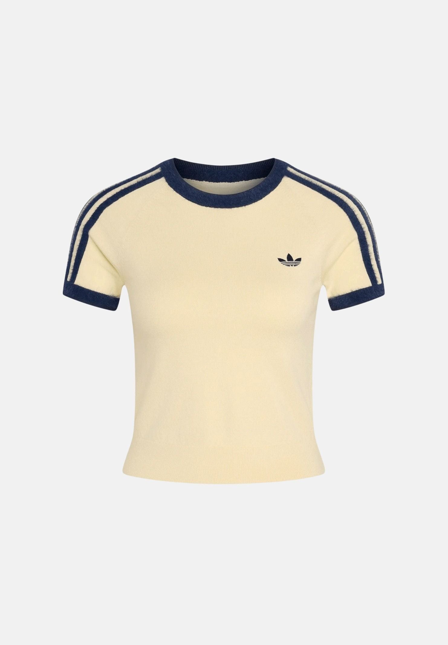 ADIDAS ORIGINALS Maglia manica corta beige da donna con maniche corte e dettagli blu a contrasto KS7376 . ADIDAS ORIGINALS 
