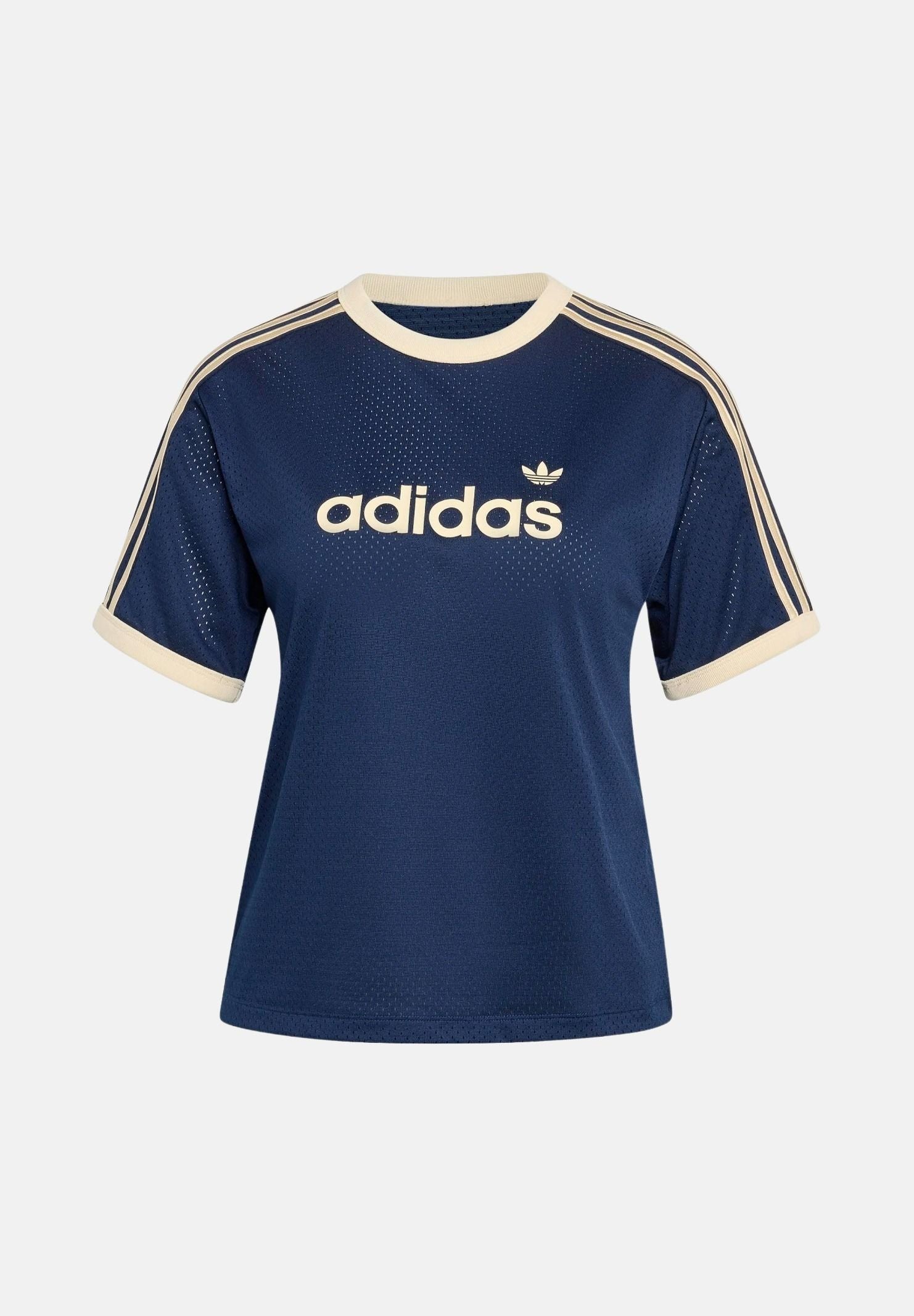 ADIDAS ORIGINALS T-shirt LINEAER IN MESH indigo-vaniglia, blu-crema da donna con logo frontale KS9841 . ADIDAS ORIGINALS 