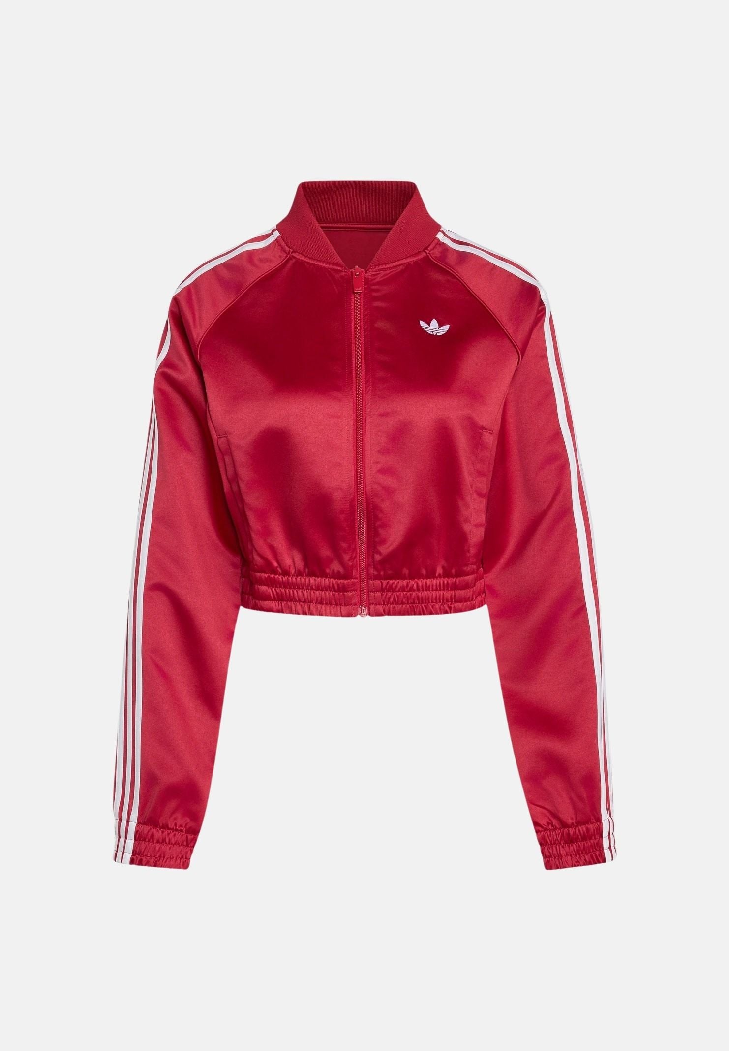 ADIDAS ORIGINALS Felpa SATIN SST Team Victory Red rossa da donna, in raso lucido, con zip integrale, tre strisce e fondo elasticizzato. KS9947 . ADIDAS ORIGINALS 