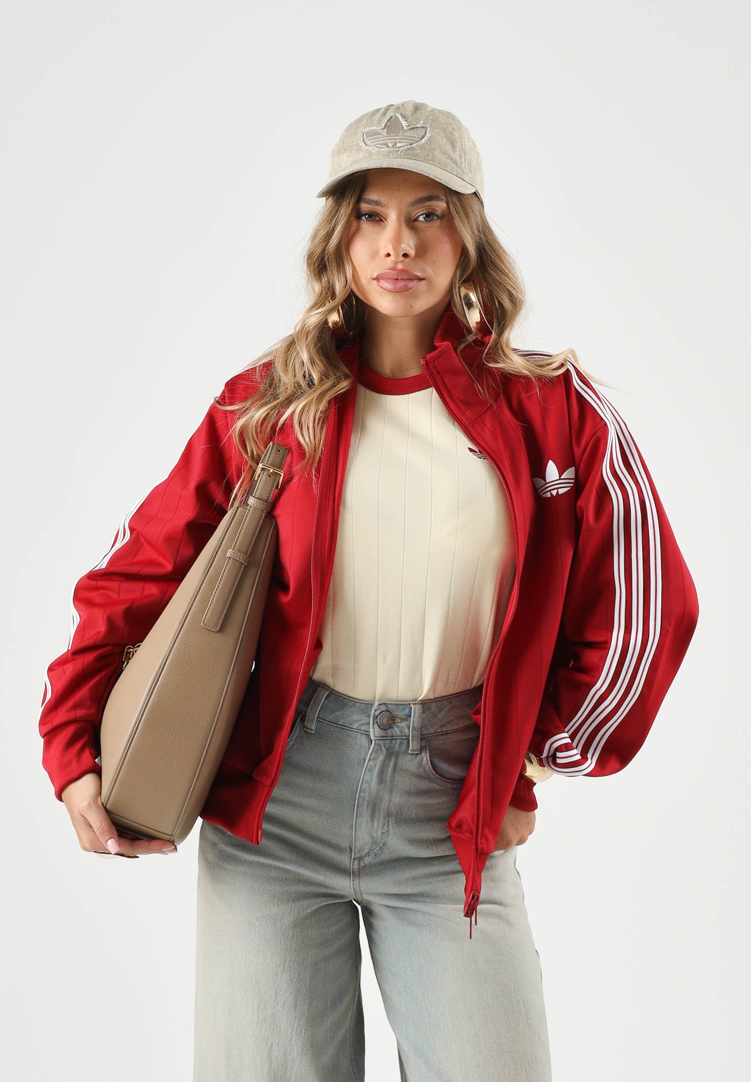 ADIDAS ORIGINALS Felpa PINSTRIPE con zip victory red, rossa e bianca, da donna KS9984 . ADIDAS ORIGINALS 