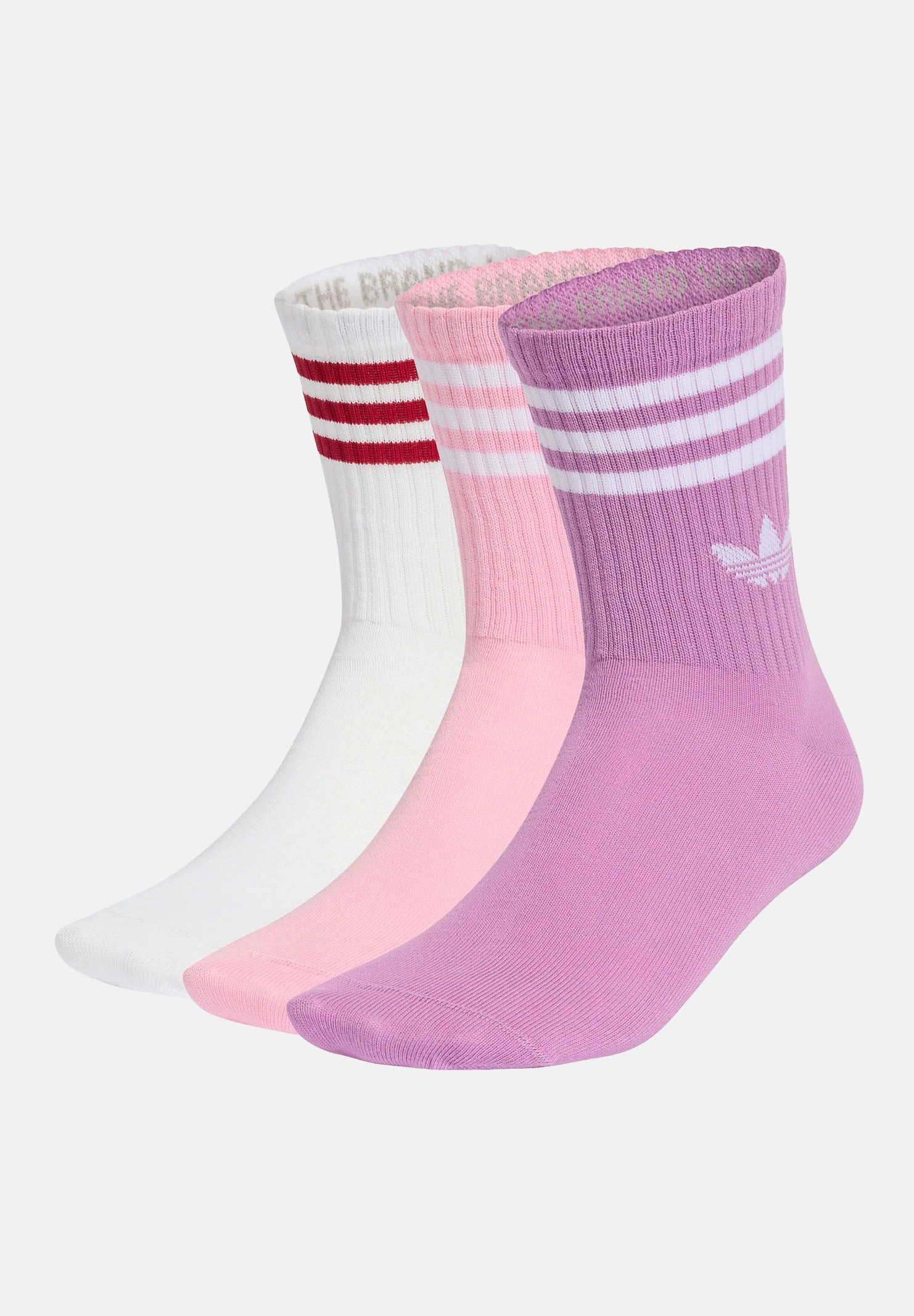 ADIDAS ORIGINALS Calze 3-Stripes Crew Socks 3 Pairs Preloved Purple / Bliss Pink / White, viola, rosa e bianco, da donna. KT1691 . ADIDAS ORIGINALS 