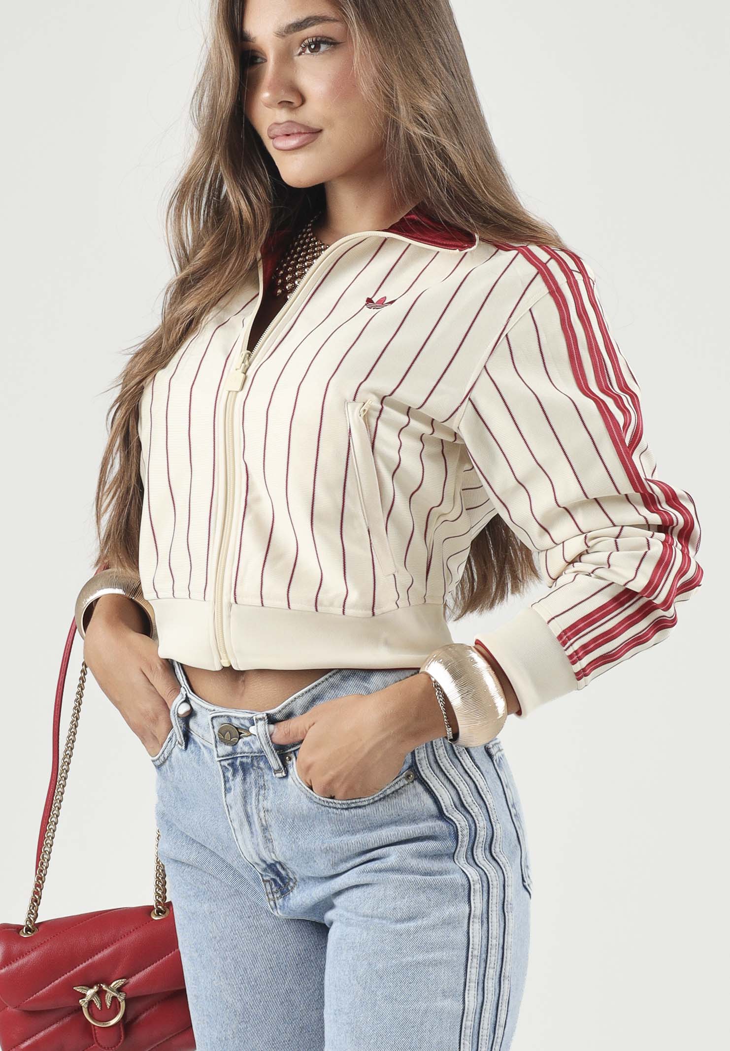 ADIDAS ORIGINALS Felpa con zip ADICOLOR PINSTRIPE vaniglia da donna con 3-stripes iconiche KT1850 . ADIDAS ORIGINALS 