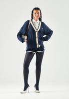 ADIDAS ORIGINALS Cardigan in maglia color navy-vaniglia da donna con lavorazione a trecce e profili a contrasto KT1859 . ADIDAS ORIGINALS 