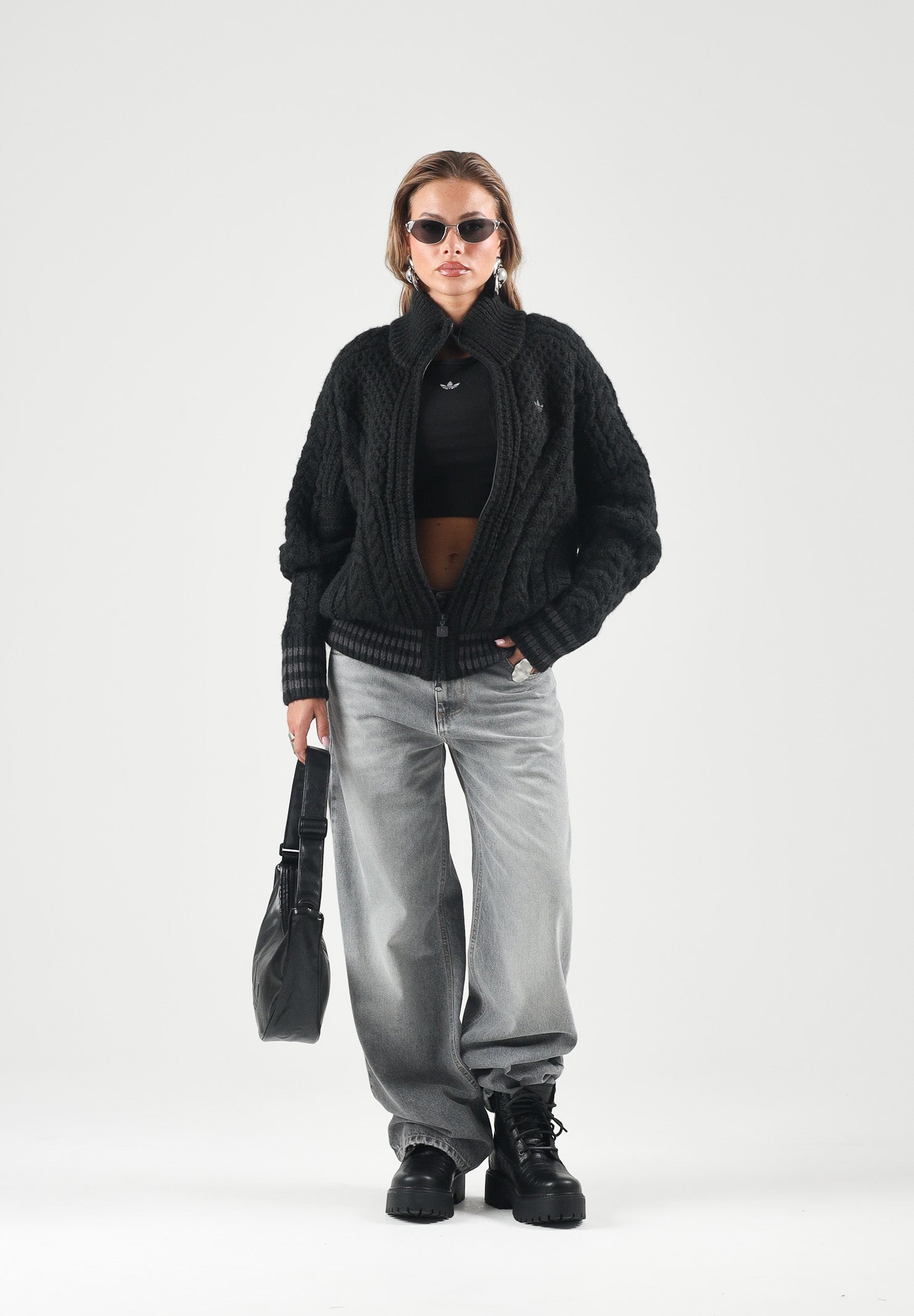 ADIDAS ORIGINALS Cardigan con zip CABLE KNIT TRACK TOP nero per uomo e donna con  lavorazione a trecce. KT2289 . ADIDAS ORIGINALS 