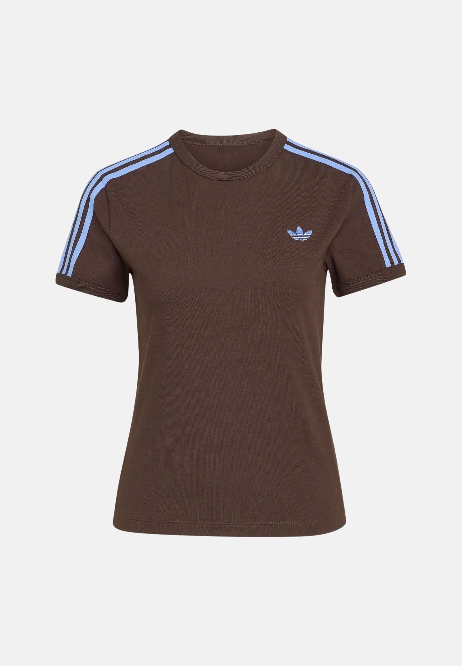 ADIDAS ORIGINALS T-shirt 3 STRIPES SLIM Auco Blufus Marrone da donna con iconiche 3-Stripes KU8194 . ADIDAS ORIGINALS 