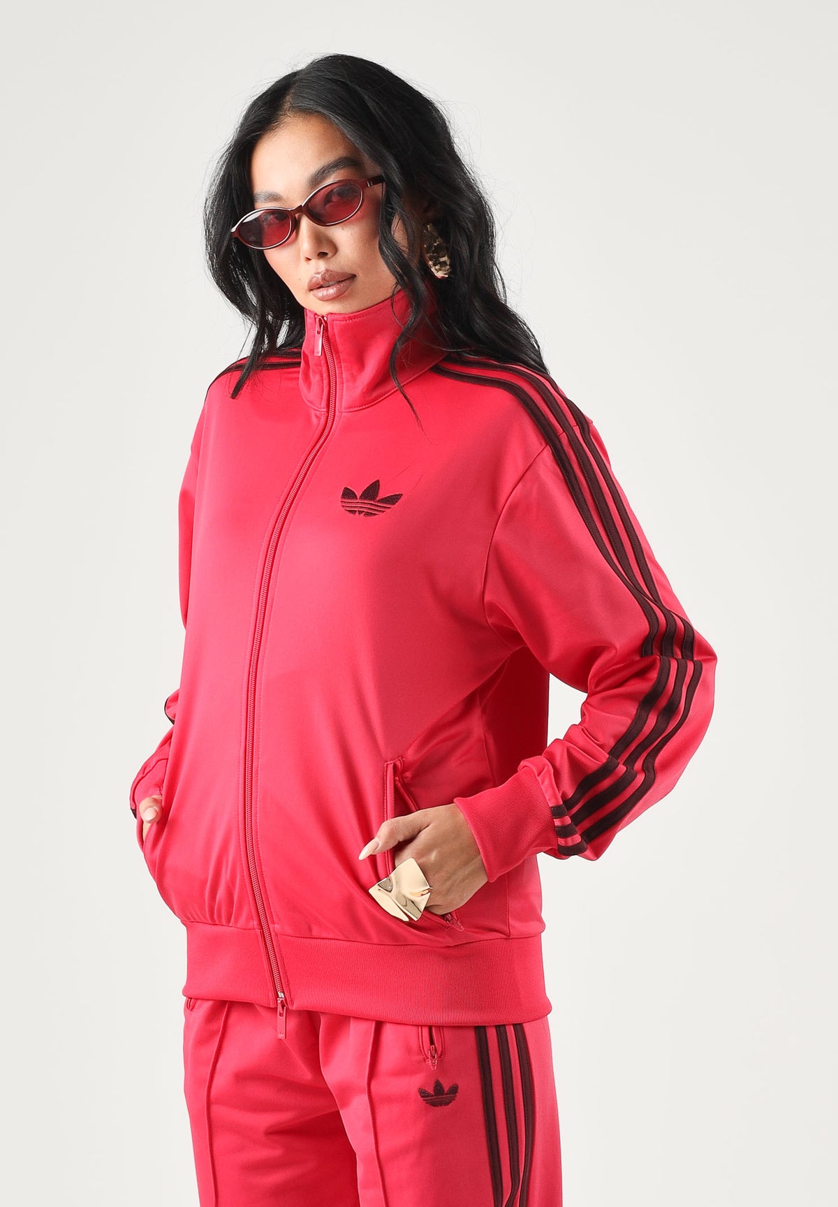 ADIDAS ORIGINALS Felpa con zip FIREBIRD TRACK TOP power pink rosa acceso da donna con logo trefoil e tessuto acetato KW0224 . ADIDAS ORIGINALS 