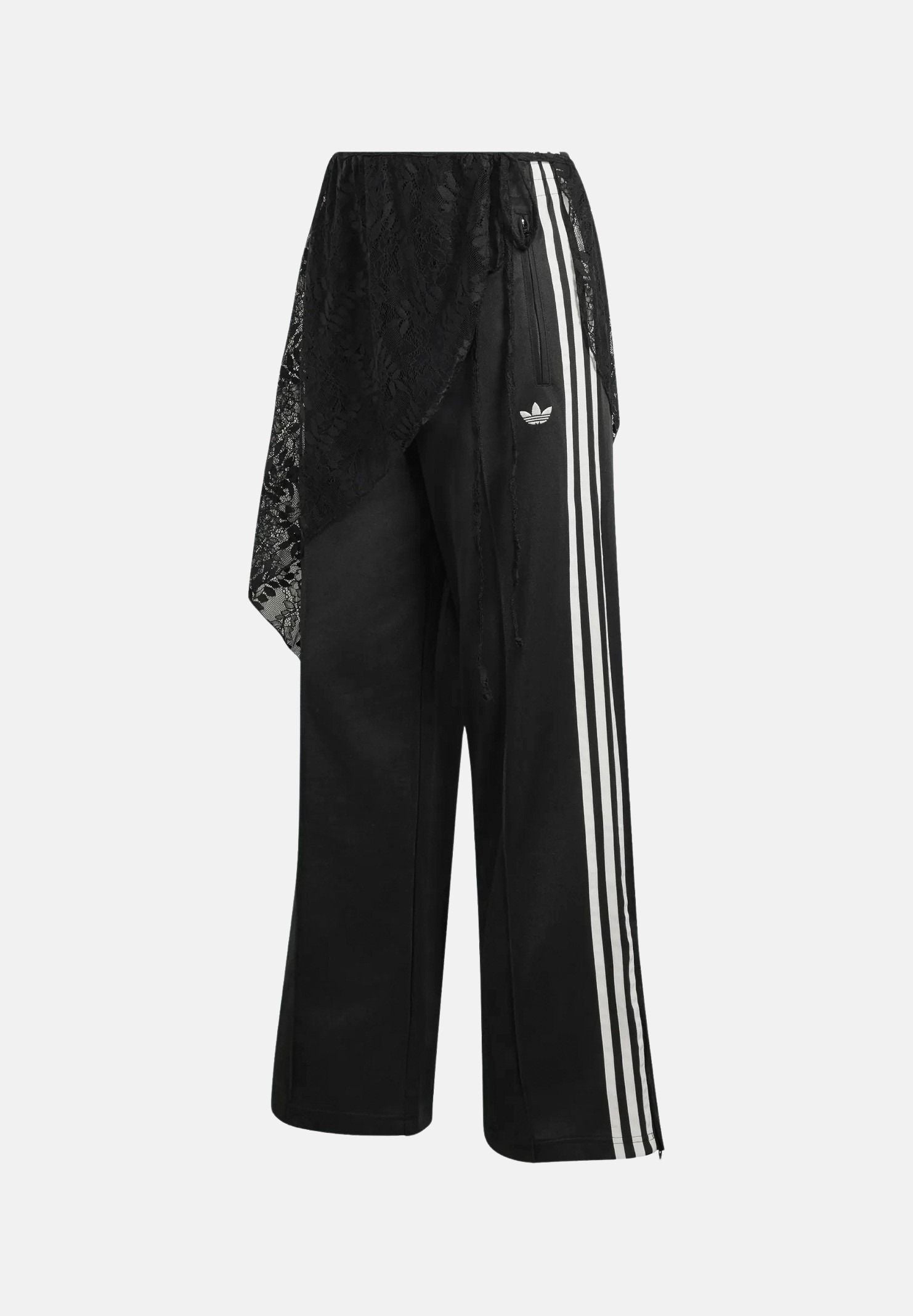 ADIDAS ORIGINALS pantaloni FIREBIRD 2 IN 1 neri da donna in jersey, con gamba ampia, tre strisce bianche e sovragonna in pizzo removibile. LG4271 . ADIDAS ORIGINALS 