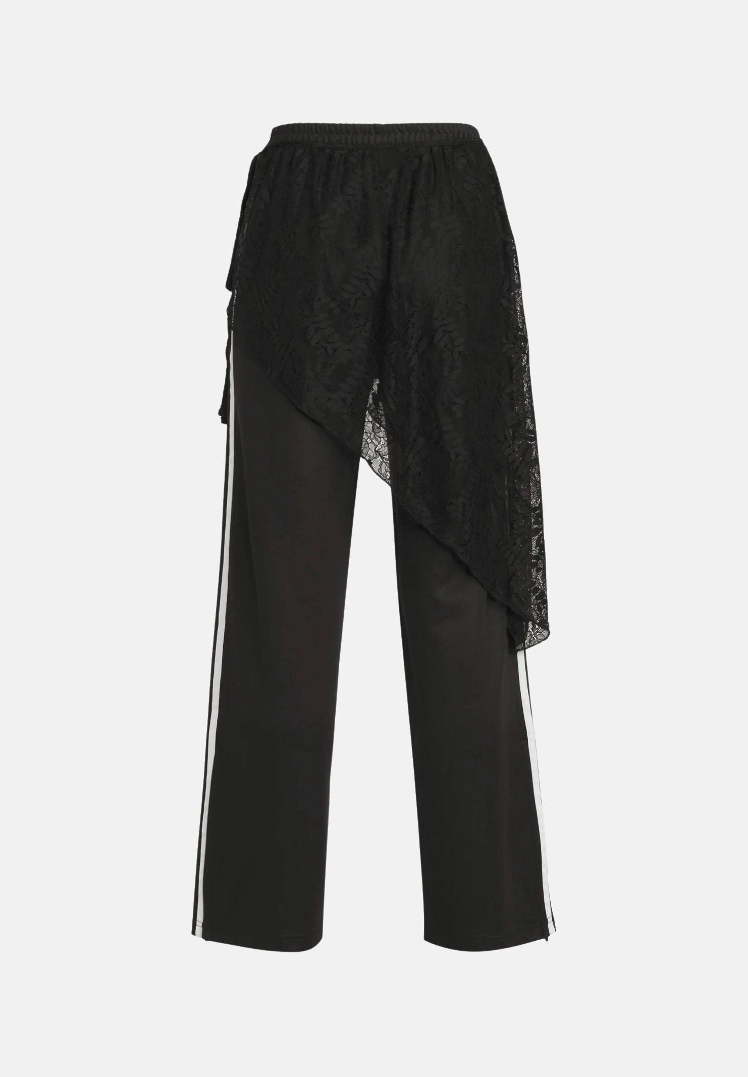 ADIDAS ORIGINALS pantaloni FIREBIRD 2 IN 1 neri da donna in jersey, con gamba ampia, tre strisce bianche e sovragonna in pizzo removibile. LG4271 . ADIDAS ORIGINALS 