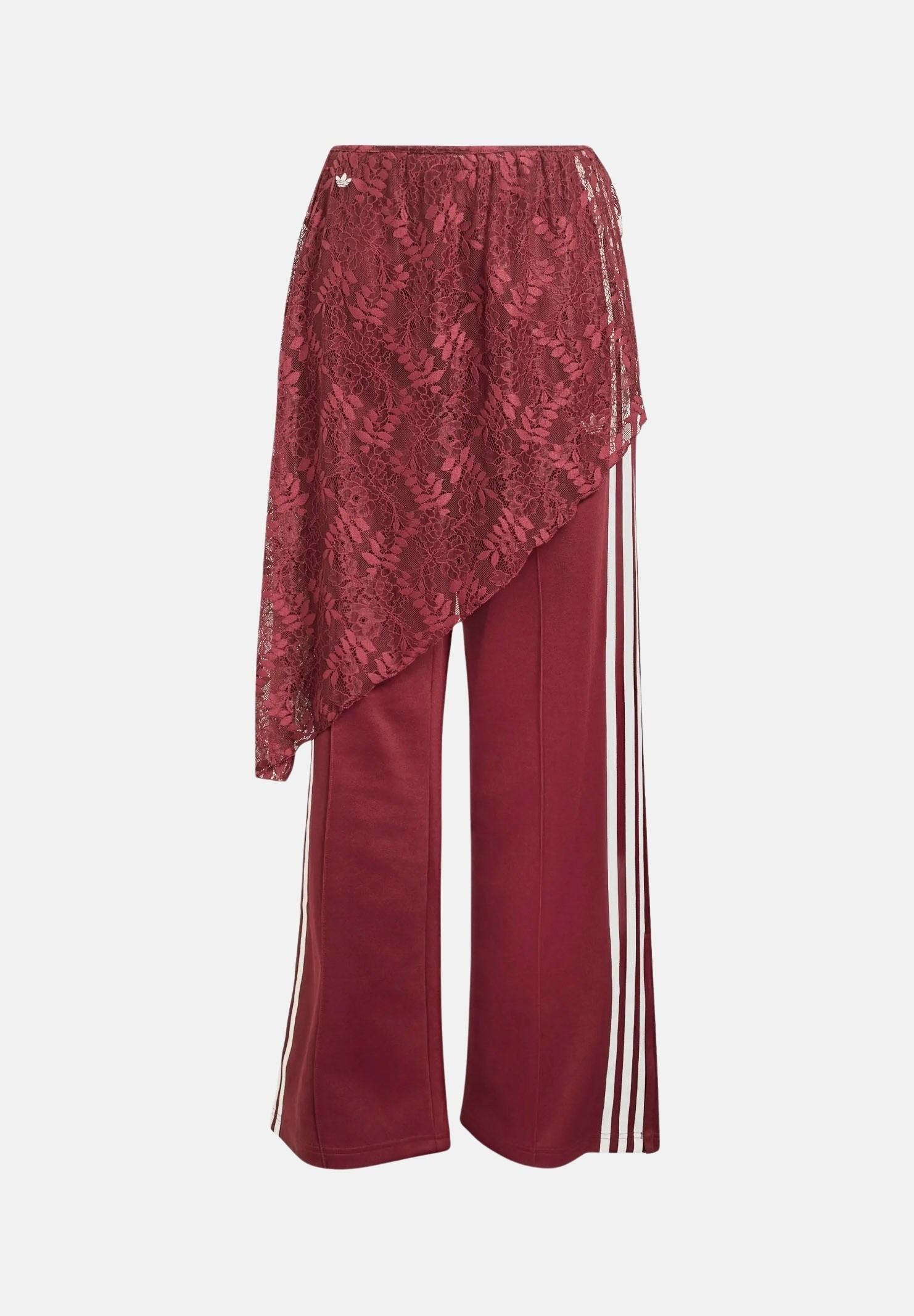 ADIDAS ORIGINALS Pantaloni FIREBIRD 2 IN 1 Shadow Red bordeaux da donna, con gamba ampia, tre strisce e gonna in pizzo removibile. LG4272 . ADIDAS ORIGINALS 