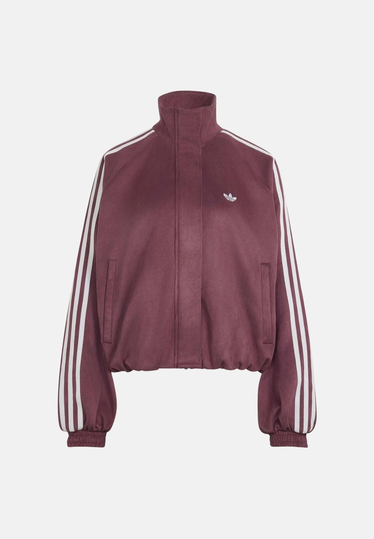 ADIDAS ORIGINALS Felpa con zip ADILENIUM SEASON 6 FAUX SUEDE TRACK TOP Maroon bordeaux scuro da donna in tessuto spacer effetto scamosciato sintetico, con collo alto, zip frontale integrale, tre strisce sulle maniche e logo Trifoglio sul petto. LH1920 . ADIDAS ORIGINALS 