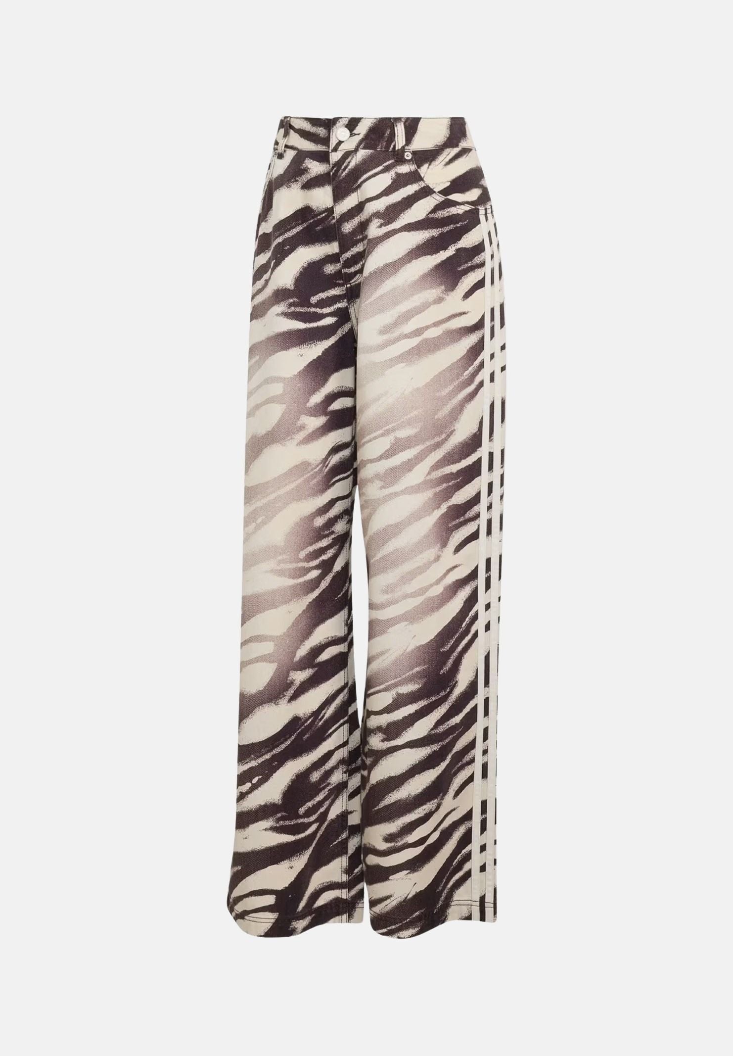 ADIDAS ORIGINALS Jeans ADILENIUM SEASON 6 ZEBRA PRINT WIDE LEG DENIM Aurora Coffee marrone e beige da donna, stampa zebrata, vita alta e gamba ampia. LH1954 . ADIDAS ORIGINALS 