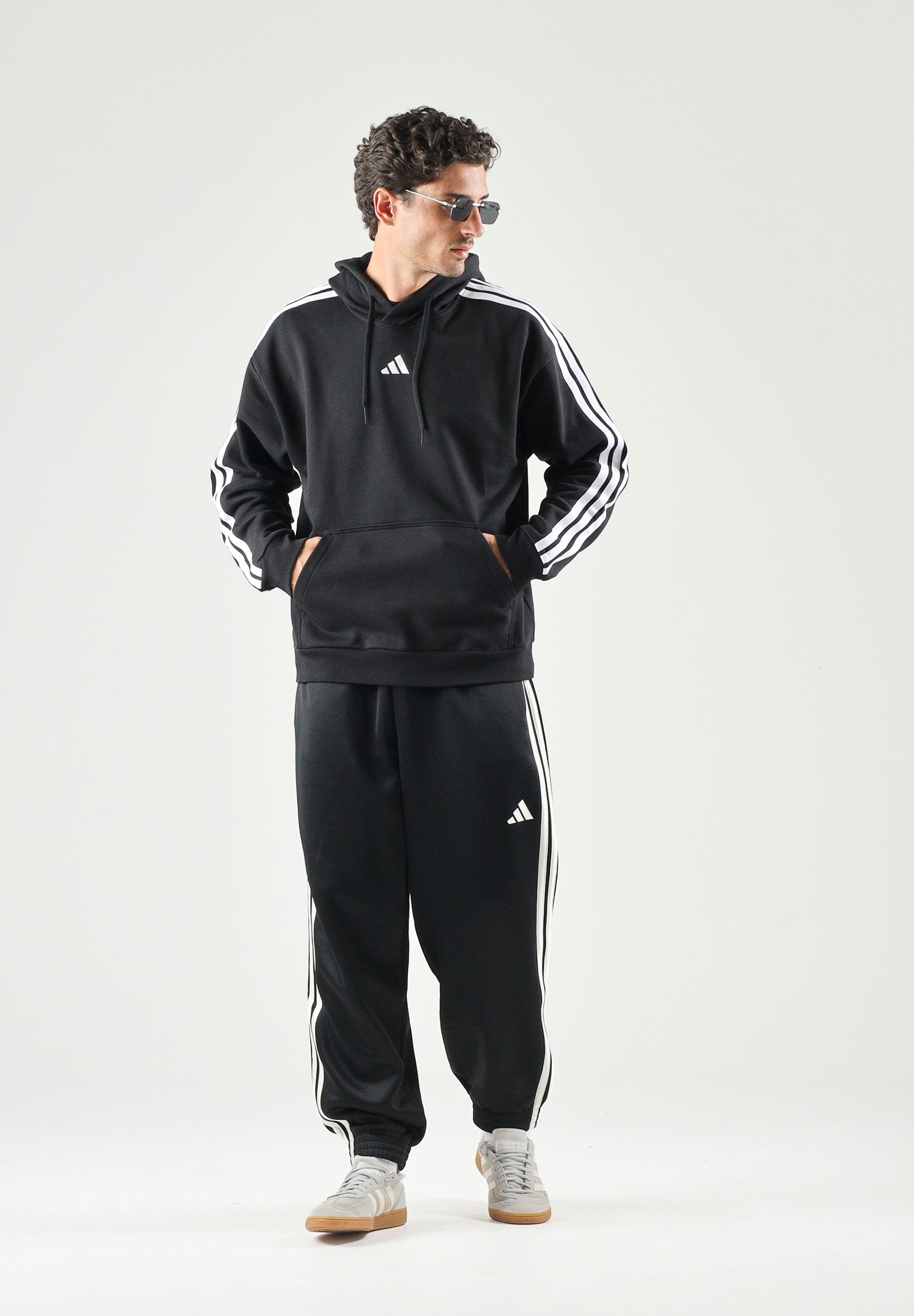 ADIDAS PERFORMANCE Essentials 3-Stripes Fleece Hoodie  felpa con cappuccio Black/White nera e bianca uomo. KY6602 . ADIDAS PERFORMANCE 