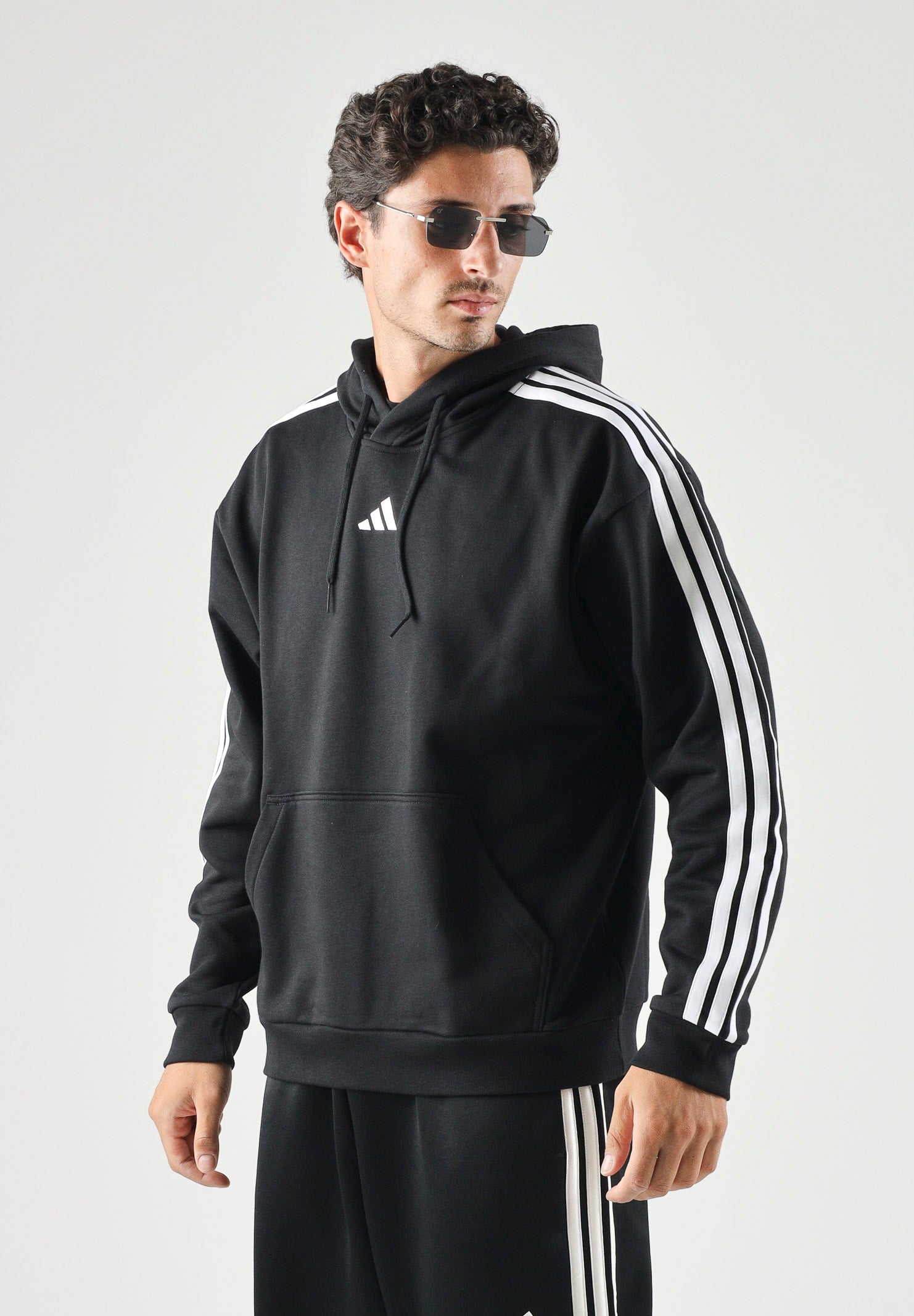 ADIDAS PERFORMANCE Essentials 3-Stripes Fleece Hoodie  felpa con cappuccio Black/White nera e bianca uomo. KY6602 . ADIDAS PERFORMANCE 