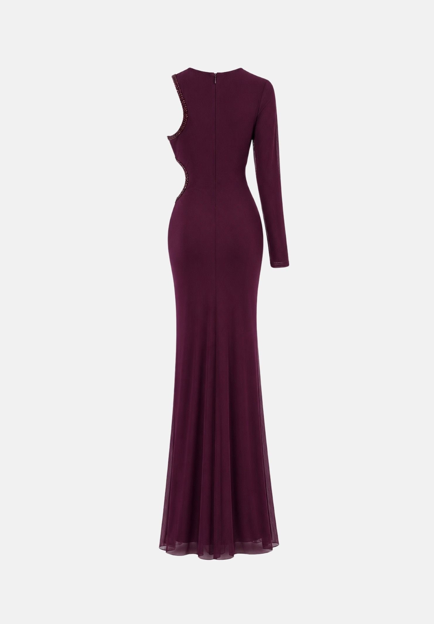 ALMA SANCHEZ Abito lungo AONA-RT Amarena bordeaux scuro da donna, con manica unica, aperture cut-out sul fianco e gonna fluida. AS2627023RT AM ALMA SANCHEZ 