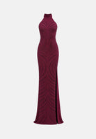 ALMA SANCHEZ Abito lungo Amarena bordeaux da donna, con collo alto, spalle scoperte, applicazioni di strass.<BR/> AS2627037E AM ALMA SANCHEZ 