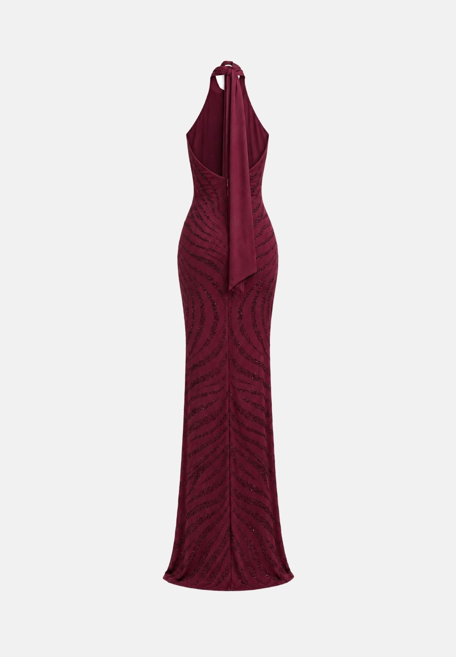 ALMA SANCHEZ Abito lungo Amarena bordeaux da donna, con collo alto, spalle scoperte, applicazioni di strass.<BR/> AS2627037E AM ALMA SANCHEZ 