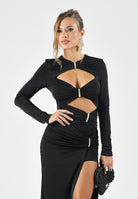 ALMA SANCHEZ Abito lungo ABUC-EL nero aderente con maniche lunghe, cut-out frontali, dettagli gioiello, drappeggi e spacco alto laterale AS2627041EL NE ALMA SANCHEZ 