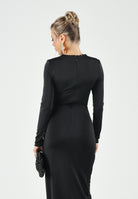 ALMA SANCHEZ Abito lungo ABUC-EL nero aderente con maniche lunghe, cut-out frontali, dettagli gioiello, drappeggi e spacco alto laterale AS2627041EL NE ALMA SANCHEZ 