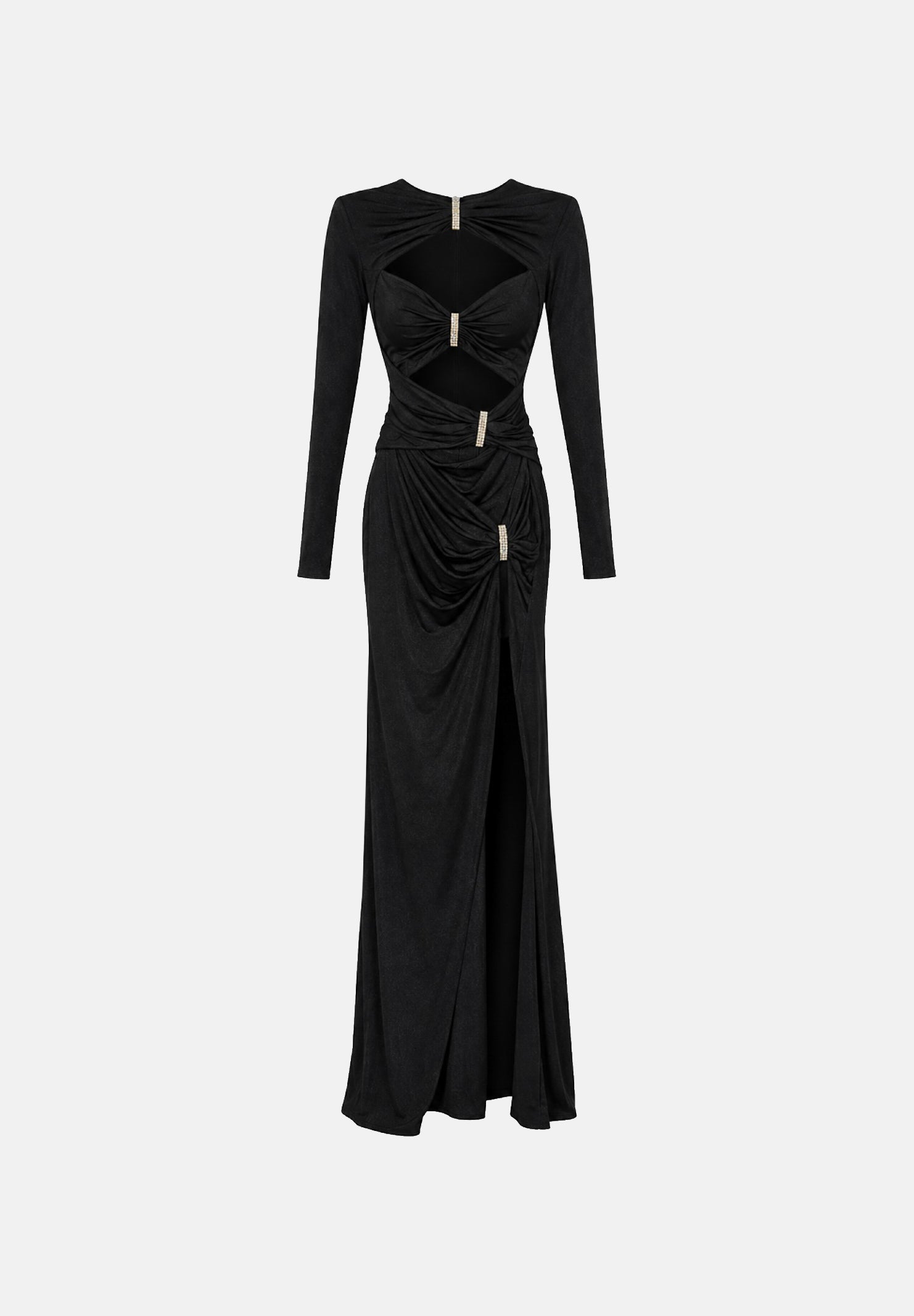 ALMA SANCHEZ Abito lungo ABUC-EL nero da donna con scollo profondo, maniche lunghe, drappeggio in vita, apertura frontale con applicazioni decorative, spacco sulla gonna e chiusura posteriore con zip. AS2627041EL NE ALMA SANCHEZ 
