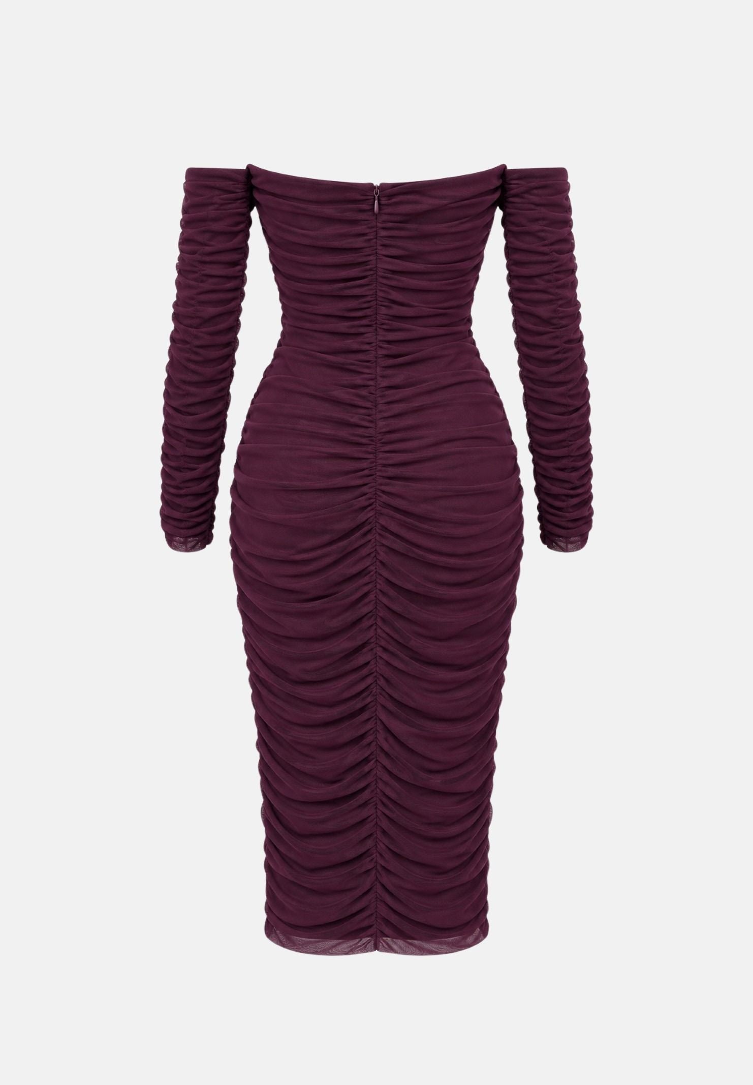 ALMA SANCHEZ Abito lungo drappeggiato Amarena bordeaux da donna, con scollo a cuore, spalle scoperte e maniche lunghe. AS2627082RT AM ALMA SANCHEZ 