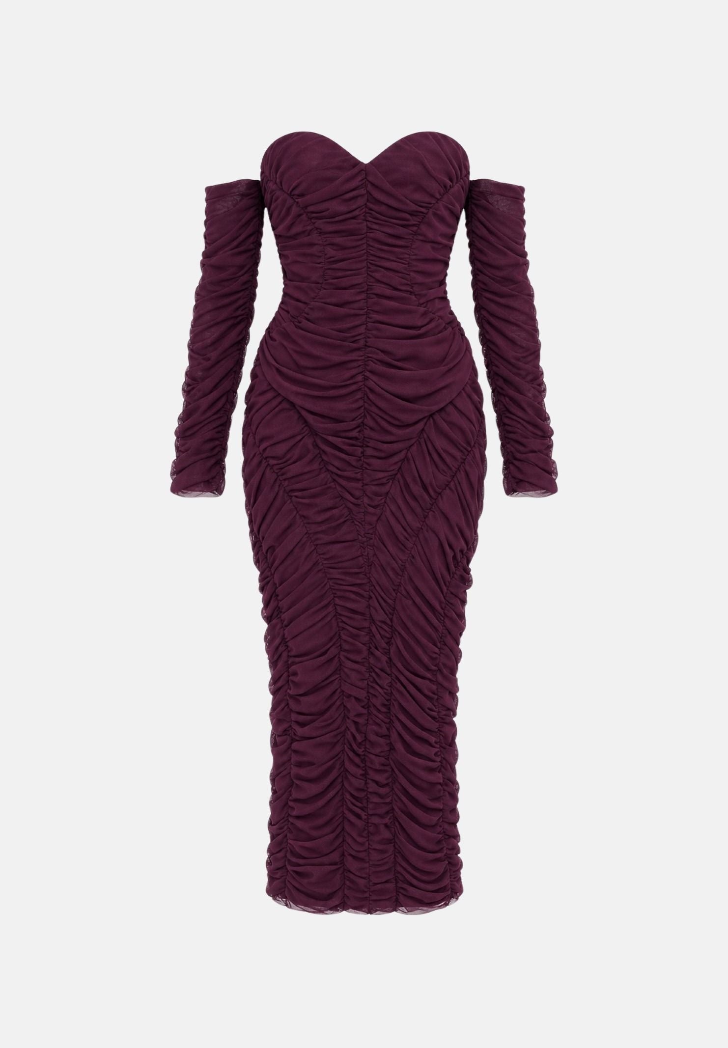 ALMA SANCHEZ Abito lungo drappeggiato Amarena bordeaux da donna, con scollo a cuore, spalle scoperte e maniche lunghe. AS2627082RT AM ALMA SANCHEZ 