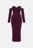 ALMA SANCHEZ Abito lungo drappeggiato Amarena bordeaux da donna, con scollo a cuore, spalle scoperte e maniche lunghe. AS2627082RT AM ALMA SANCHEZ 