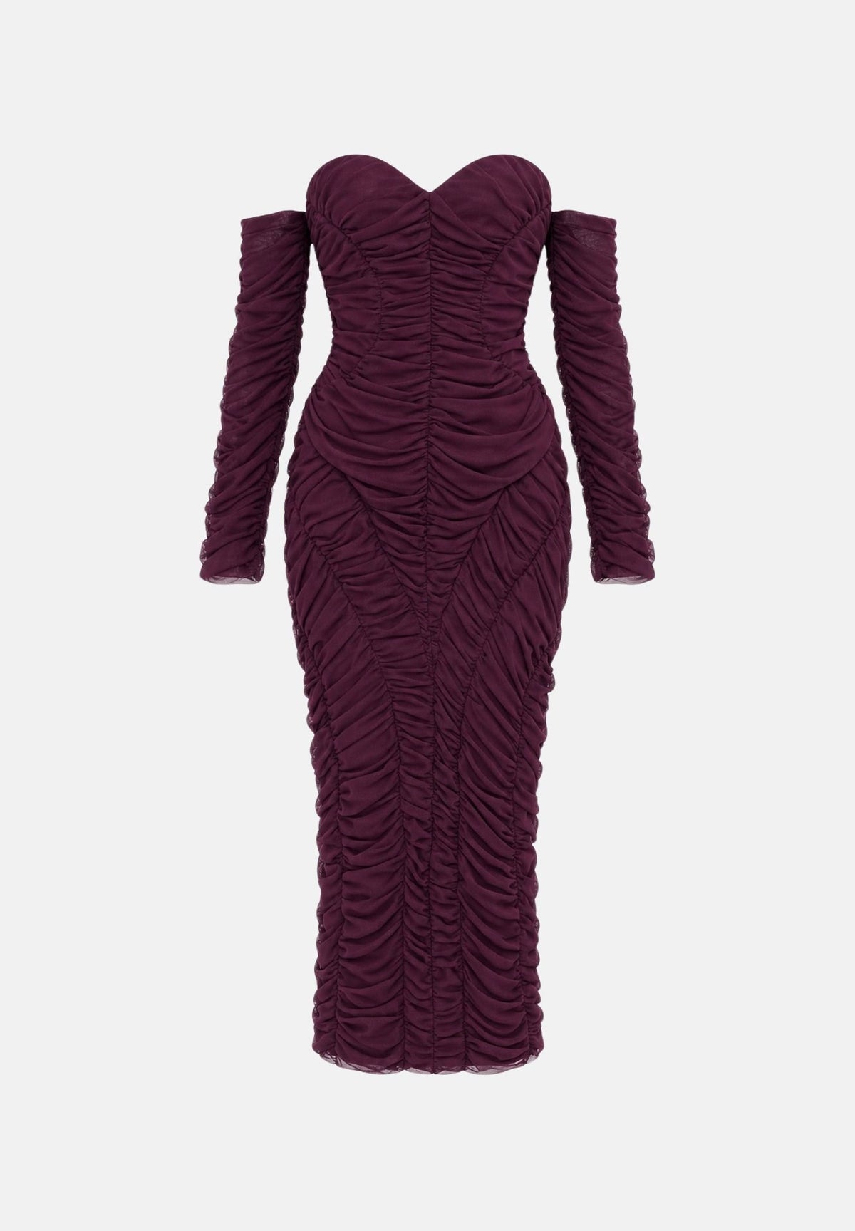 ALMA SANCHEZ Abito lungo drappeggiato Amarena bordeaux da donna, con scollo a cuore, spalle scoperte e maniche lunghe. AS2627082RT AM ALMA SANCHEZ 