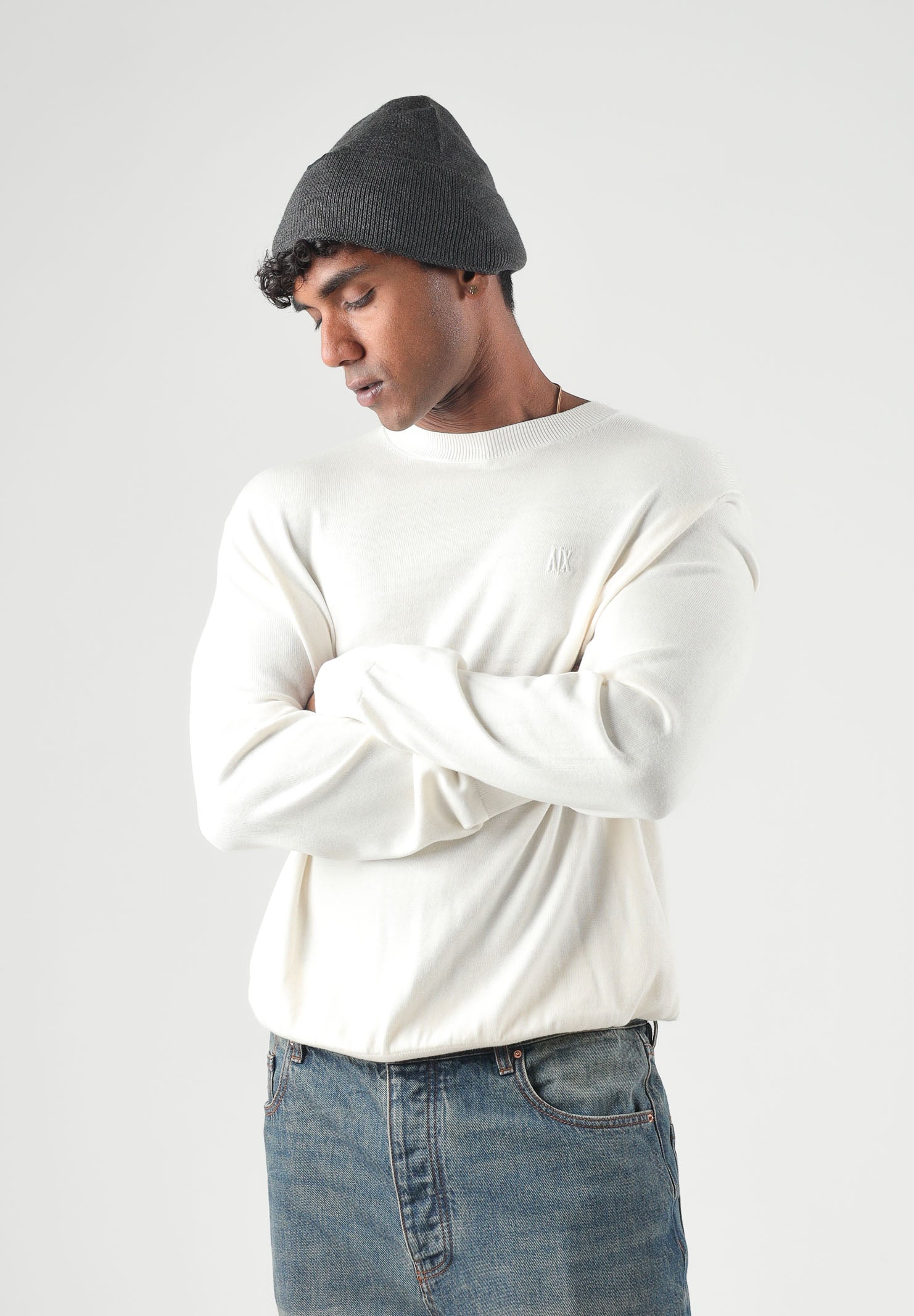 ARMANI EXCHANGE Maglione girocollo off white-bianco per uomo con polsini a costine e logo sul petto. XM000338AF12291 U0009 ARMANI EXCHANGE 