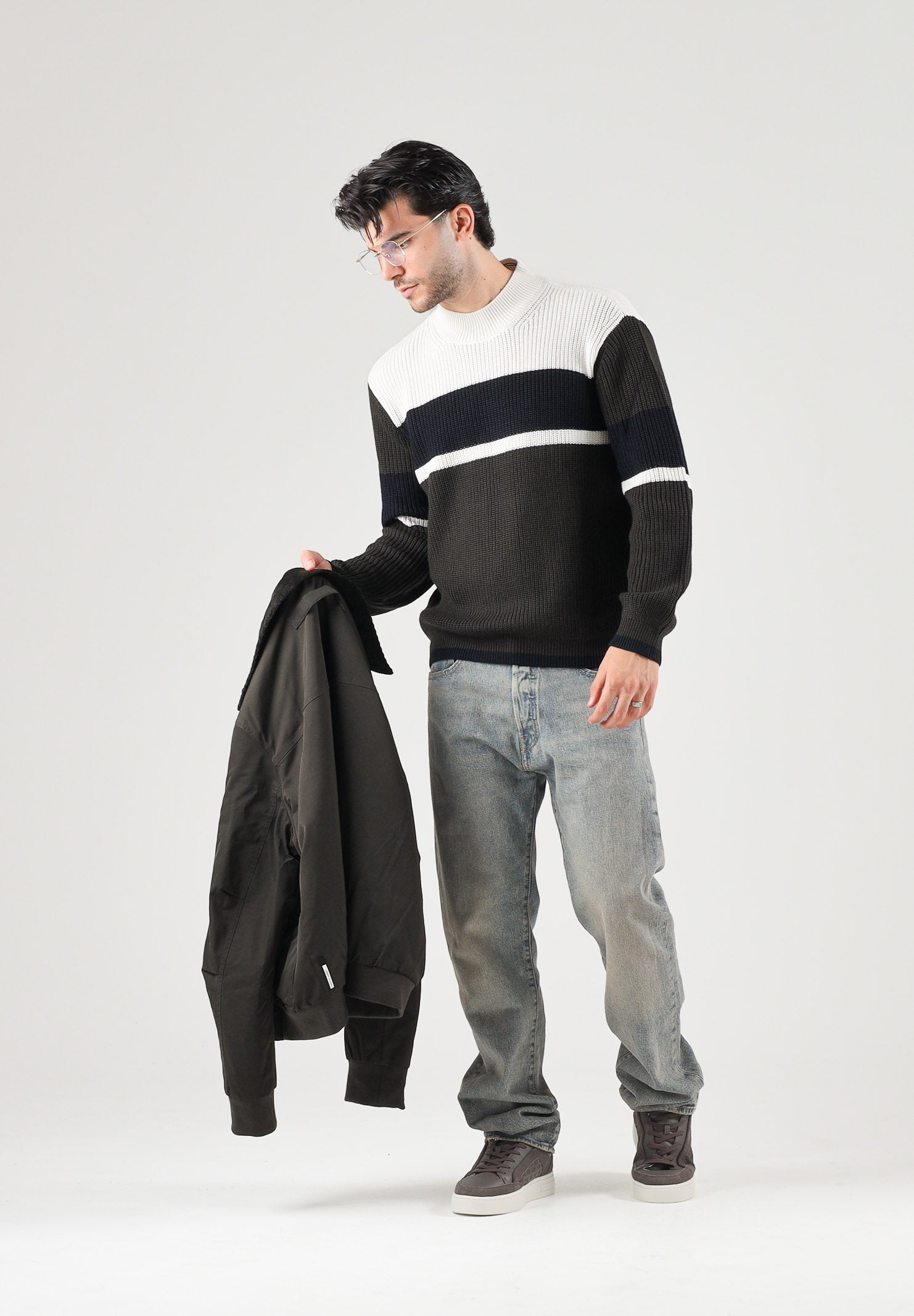 ARMANI EXCHANGE Maglione girocollo COLORBLOCK nero-panna per uomo con motivo a righe orizzontali XM002719AF13776 M8438 ARMANI EXCHANGE 