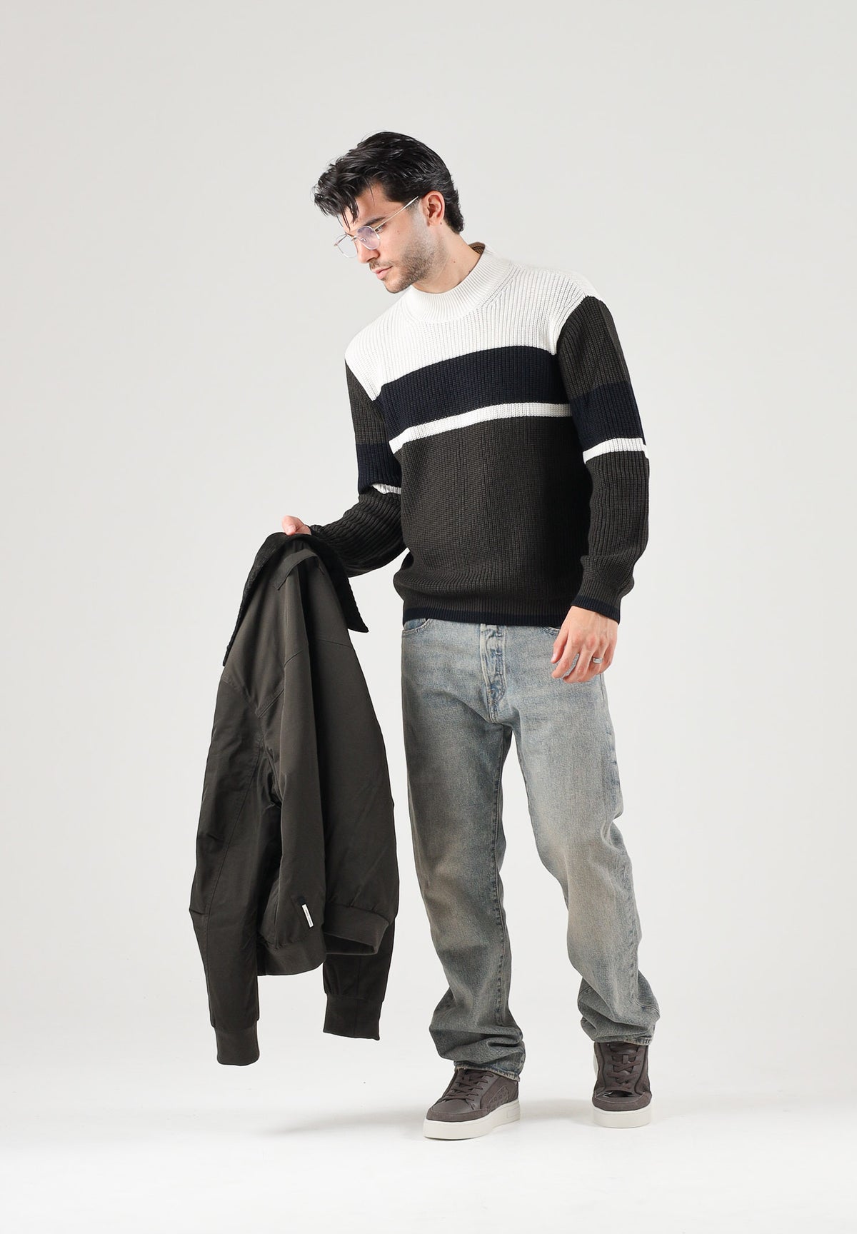 ARMANI EXCHANGE Maglione girocollo COLORBLOCK nero-panna per uomo con motivo a righe orizzontali XM002719AF13776 M8438 ARMANI EXCHANGE 