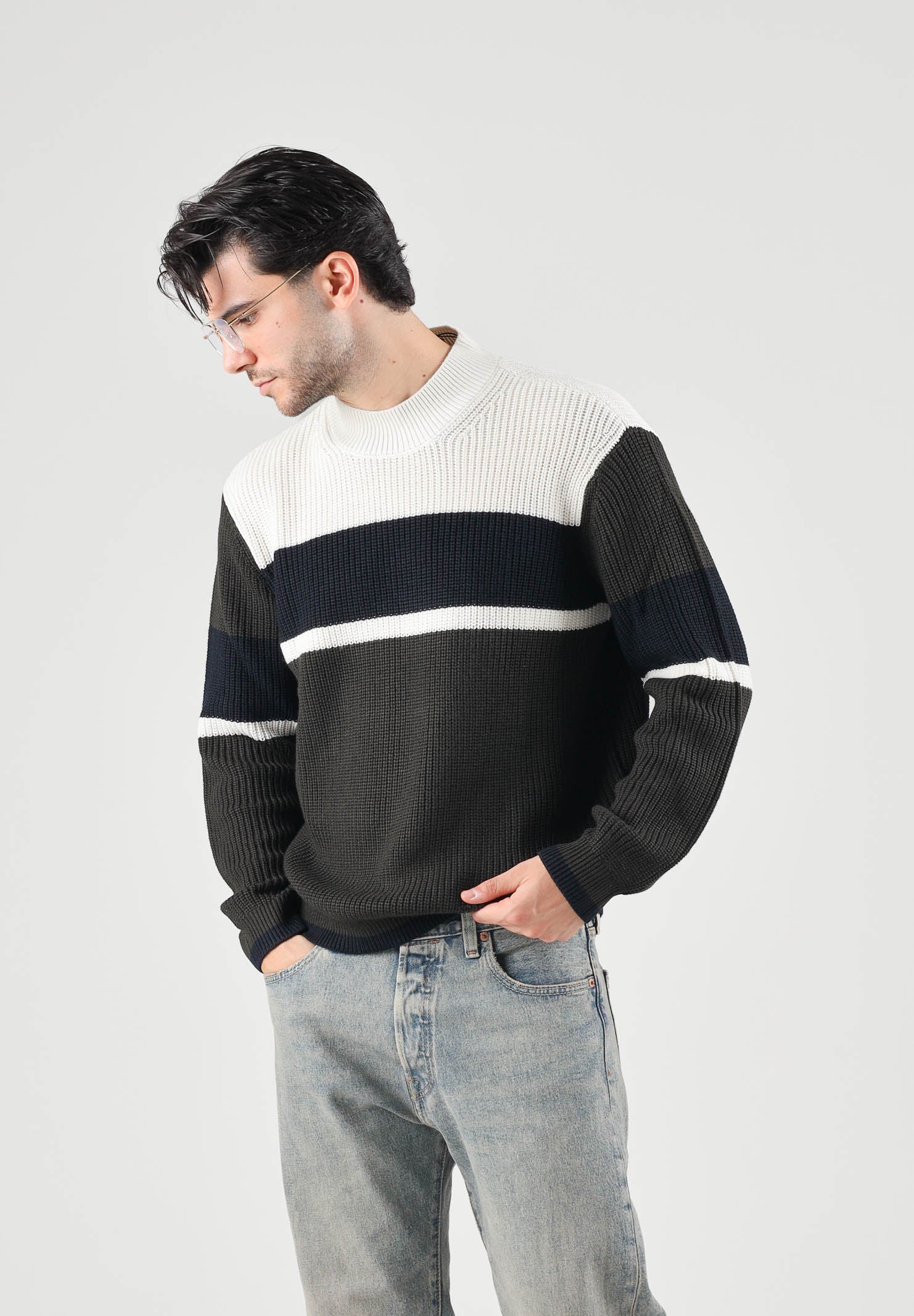 ARMANI EXCHANGE Maglione girocollo COLORBLOCK nero-panna per uomo con motivo a righe orizzontali XM002719AF13776 M8438 ARMANI EXCHANGE 