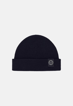 ARMANI EXCHANGE Berretto di lana deep navy-blu per uomo e donna con lavorazione a costine e patch logo frontale. XM003124AF10348 UB101 ARMANI EXCHANGE 