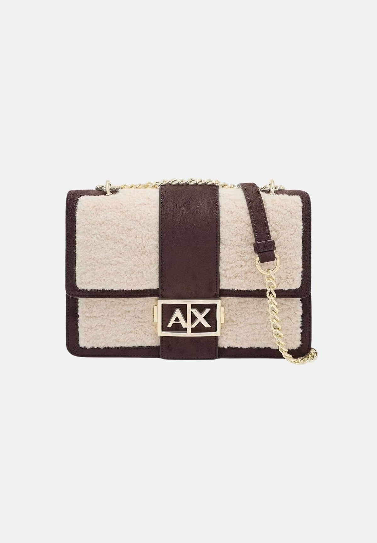 ARMANI EXCHANGE Borsa a tracolla marrone per donna con profili in ecopelliccia e chiusura a patta. XW000070AF28295 M6027 ARMANI EXCHANGE 