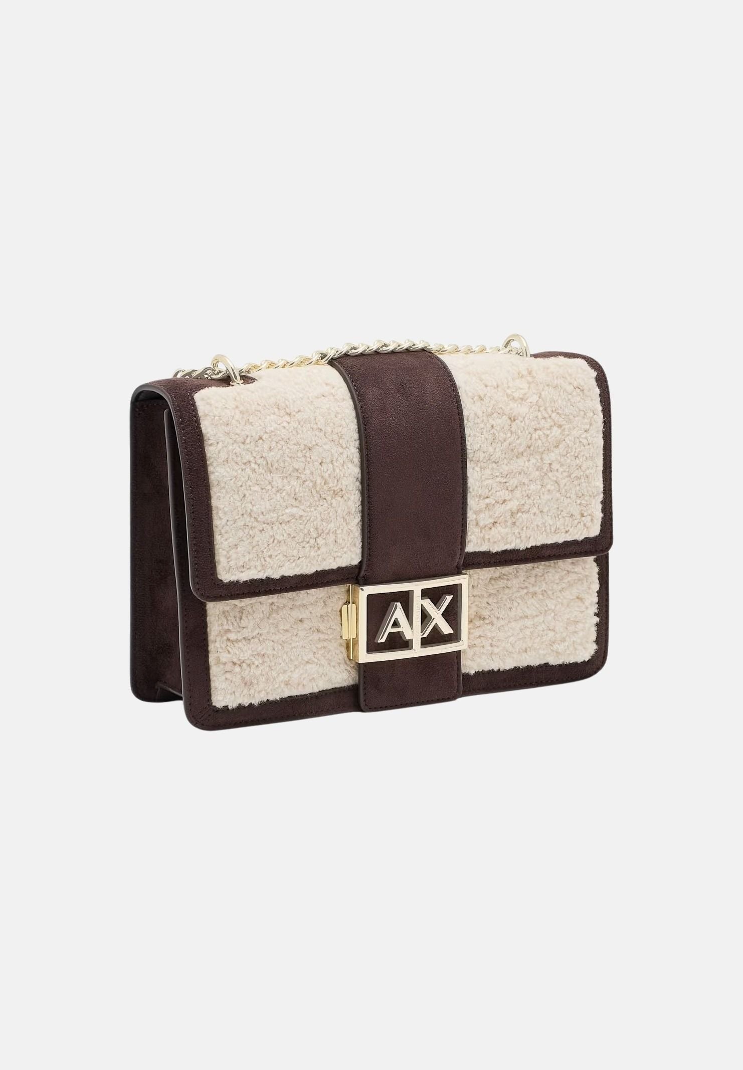ARMANI EXCHANGE Borsa a tracolla marrone per donna con profili in ecopelliccia e chiusura a patta. XW000070AF28295 M6027 ARMANI EXCHANGE 