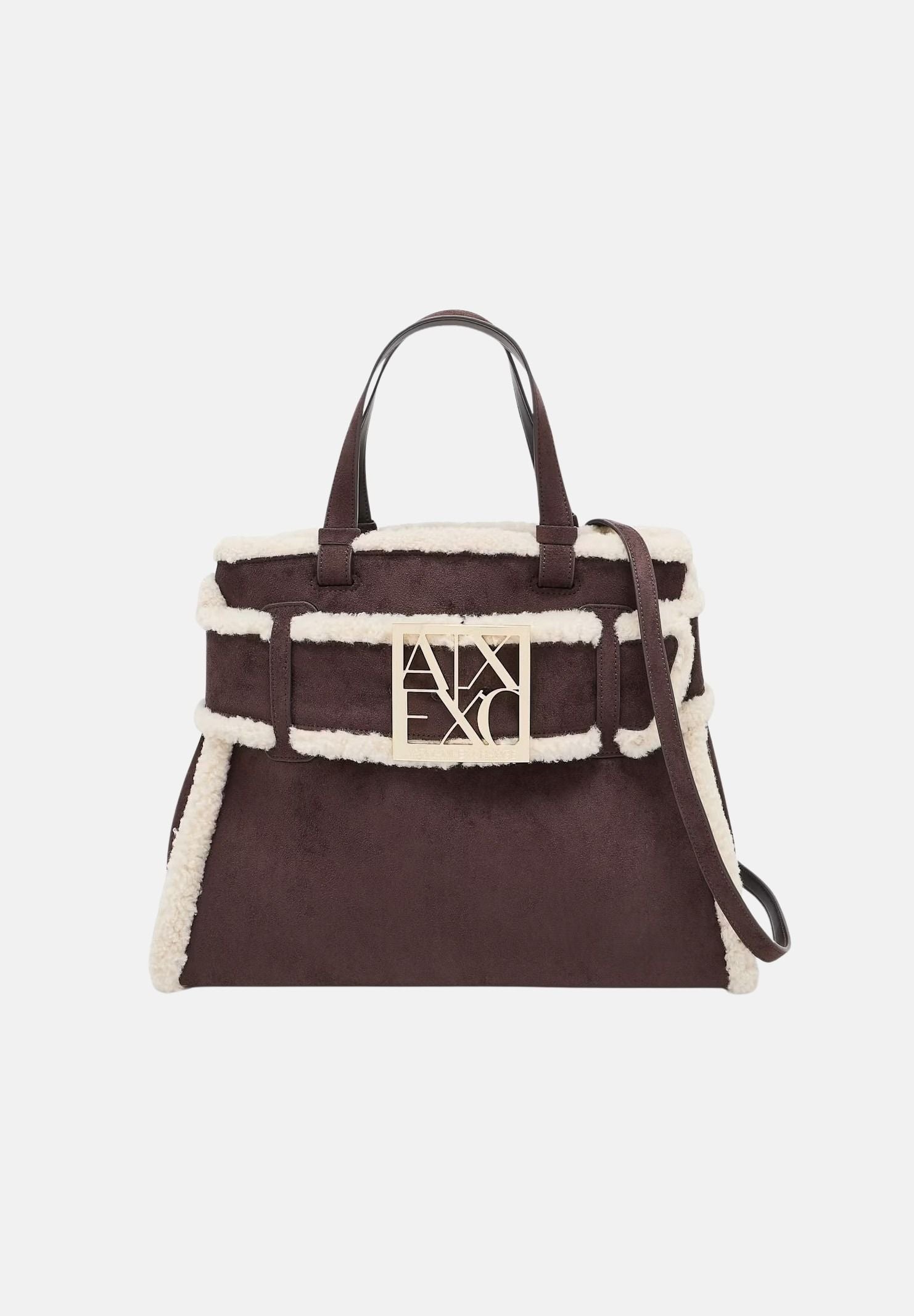 ARMANI EXCHANGE Borsa tote bag marrone per donna con profili in ecopelliccia e maxi logo frontale. XW000285AF26995 M6027 ARMANI EXCHANGE 