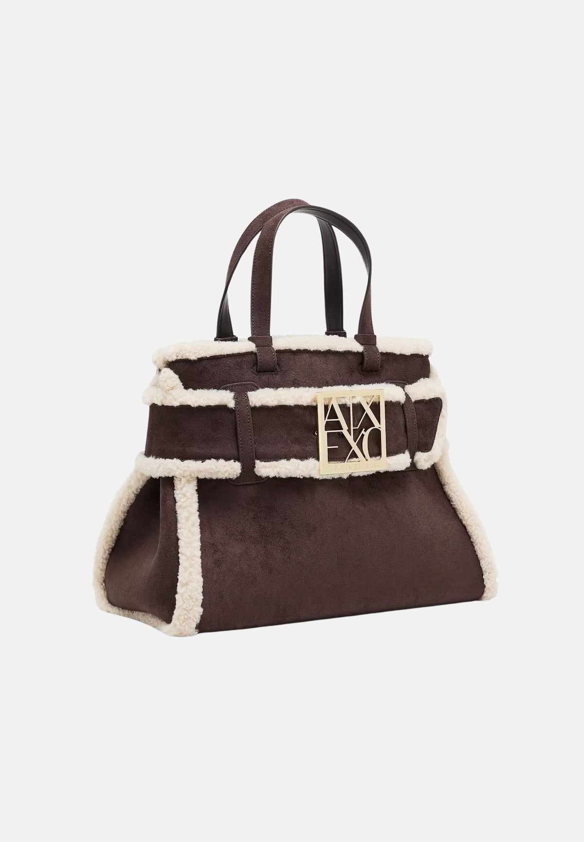ARMANI EXCHANGE Borsa tote bag marrone per donna con profili in ecopelliccia e maxi logo frontale. XW000285AF26995 M6027 ARMANI EXCHANGE 