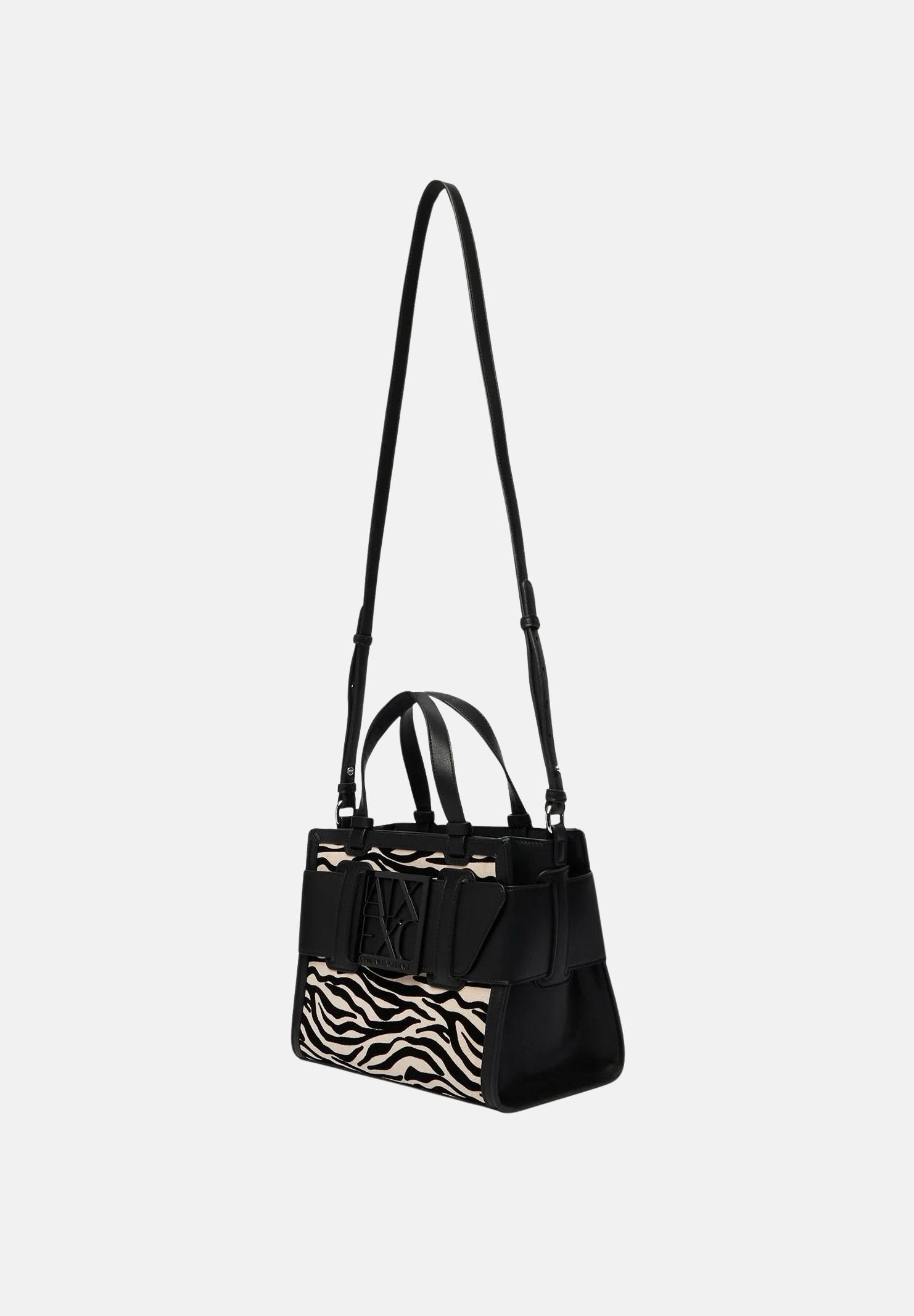 ARMANI EXCHANGE Borsa a mano nera da donna con inserto in tessuto animalier zebrato e maxi fibbia logo XW000392AF26445 MC149 ARMANI EXCHANGE 
