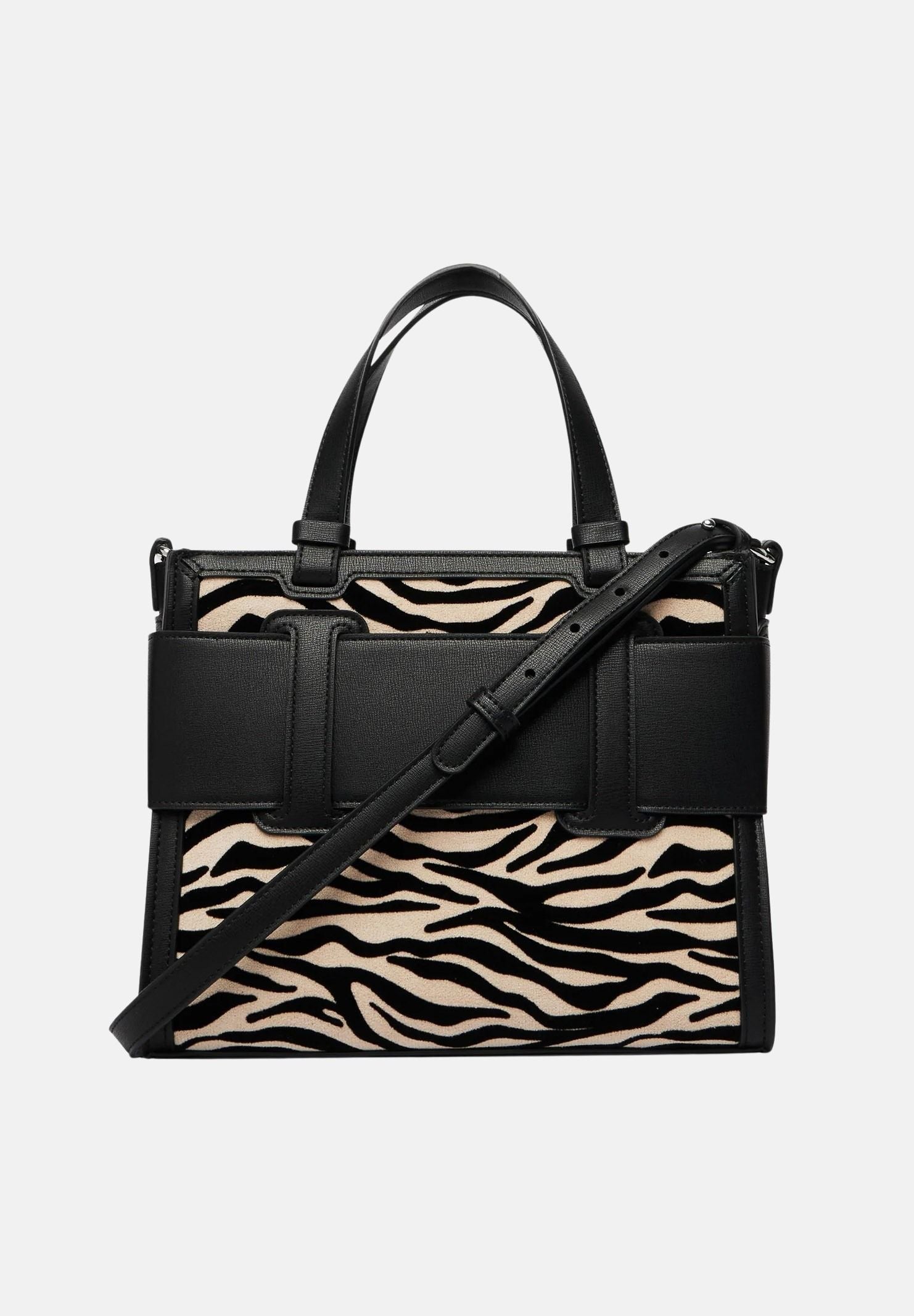 ARMANI EXCHANGE Borsa a mano nera da donna con inserto in tessuto animalier zebrato e maxi fibbia logo XW000392AF26445 MC149 ARMANI EXCHANGE 