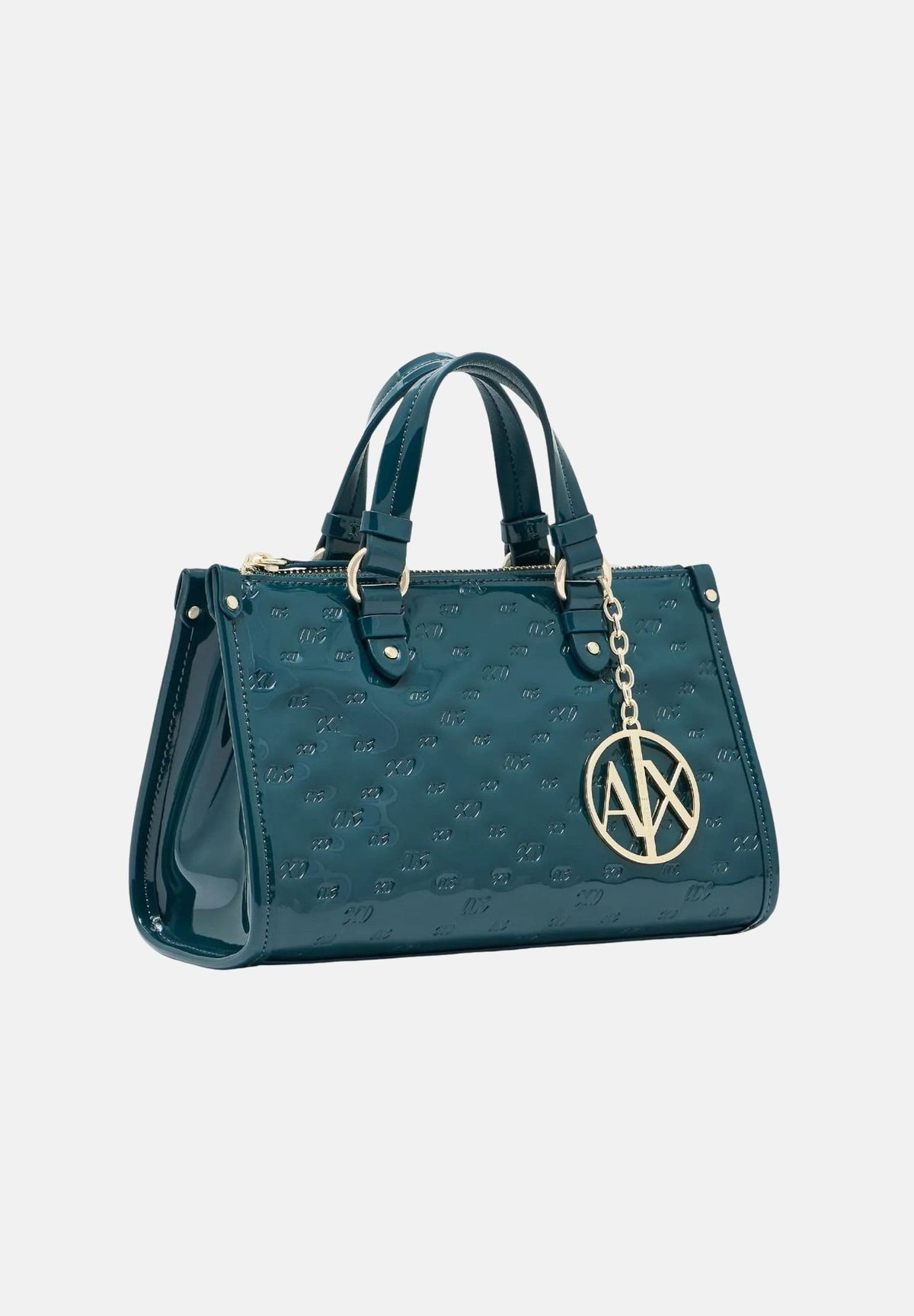 ARMANI EXCHANGE Borsa a mano verde ottanio per donna con finitura lucida testurizzata e charm logo pendente. XW000928AF26968 U7338 ARMANI EXCHANGE 