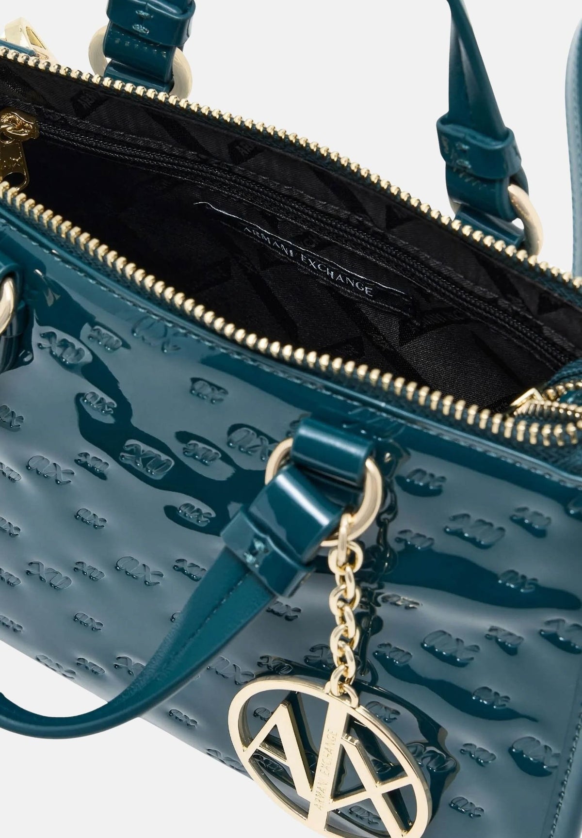ARMANI EXCHANGE Borsa a mano mistery-verde ottanio per donna con finitura lucida testurizzata e charm logo pendente. XW000928AF26968 U7338 ARMANI EXCHANGE 