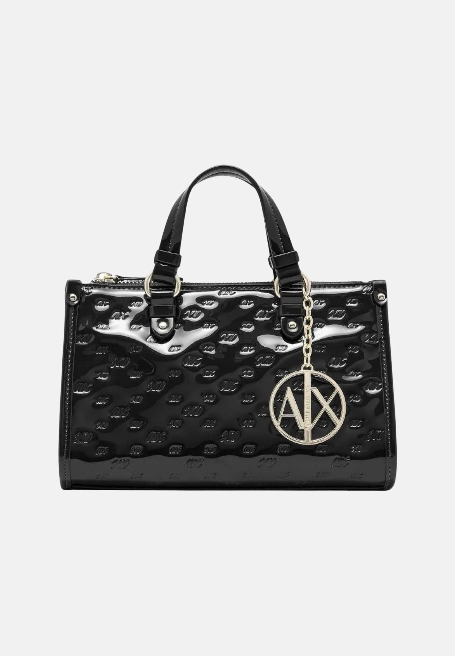 ARMANI EXCHANGE Borsa a mano nera da donna con stampa logo all-over e charm circolare dorato XW000928AF26968 UC001 ARMANI EXCHANGE 