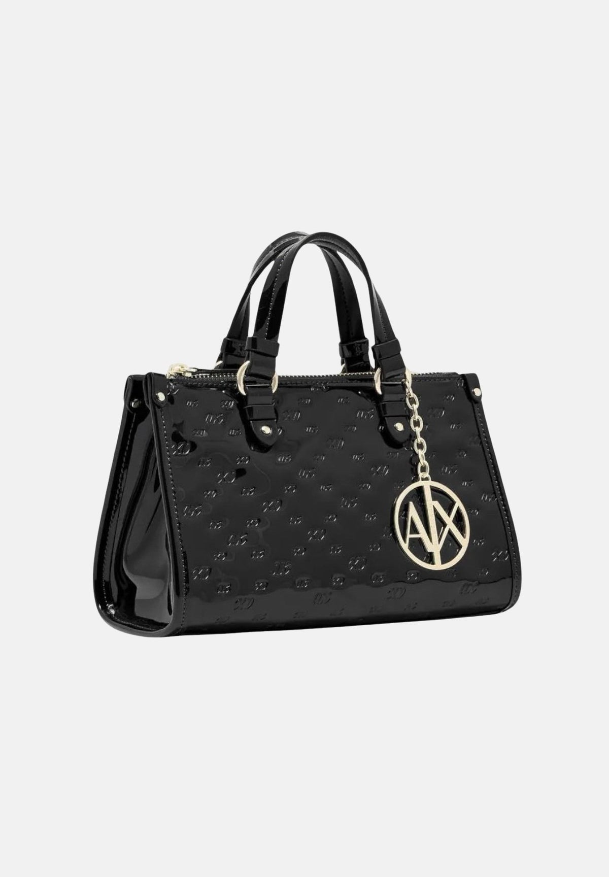 ARMANI EXCHANGE Borsa a mano nera da donna con finitura lucida testurizzata e charm logo pendente. XW000928AF26968 UC001 ARMANI EXCHANGE 