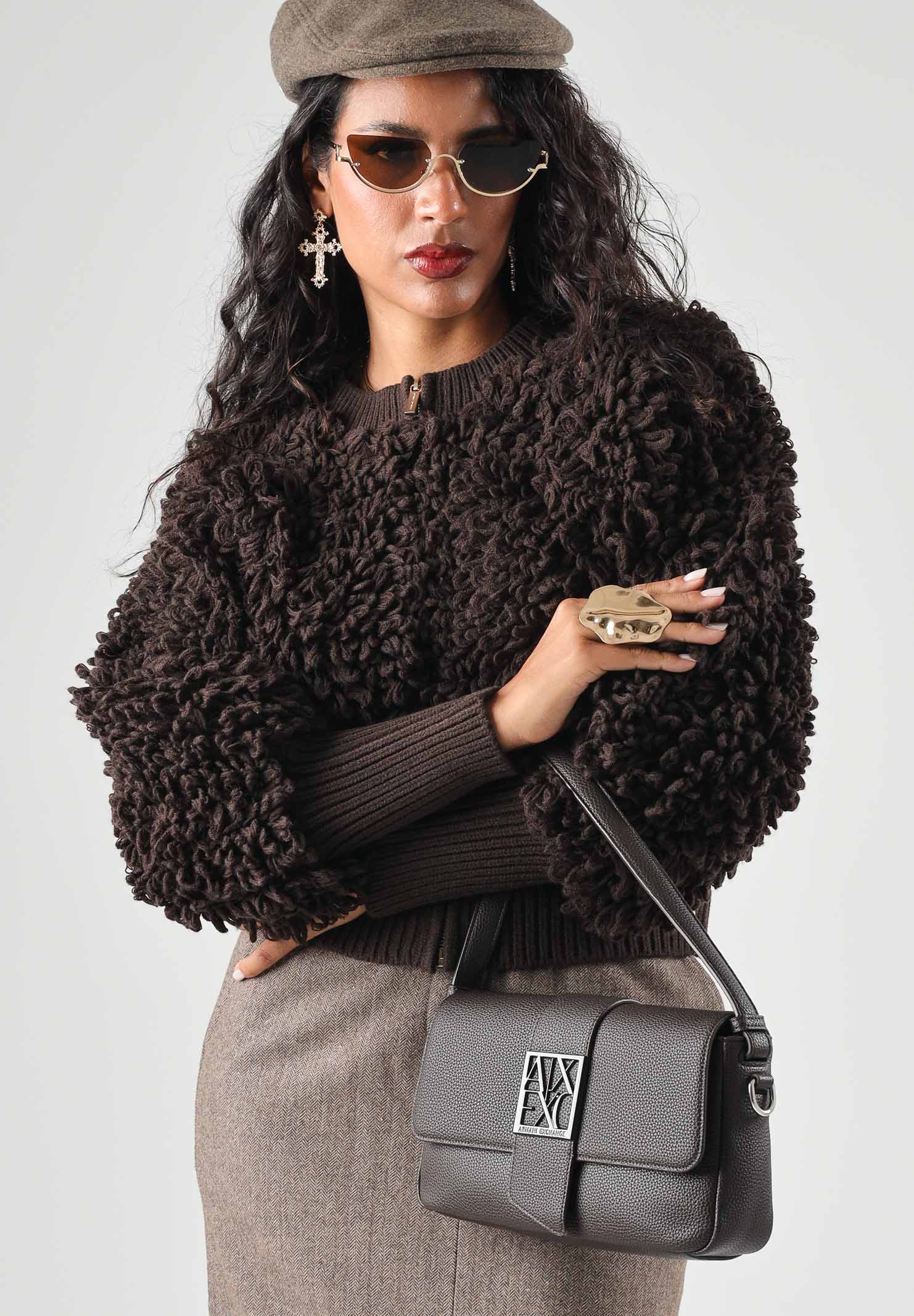 ARMANI EXCHANGE Bomber in maglia effetto bouclé  antagonist-marrone da donna con chiusura frontale con zip XW002649AF25941 U6032 ARMANI EXCHANGE 