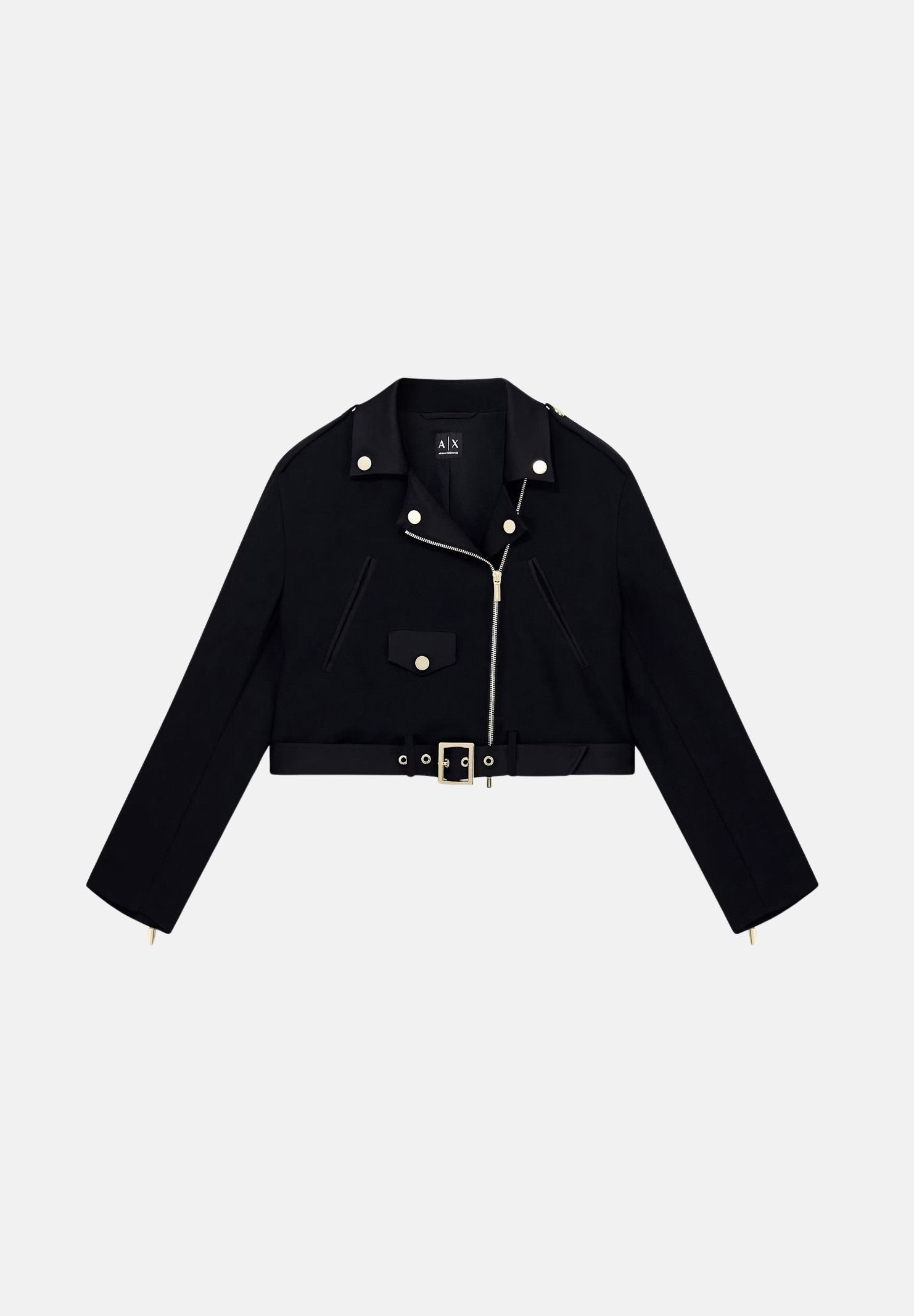 ARMANI EXCHANGE Giubbotto di jeans nero per donna con chiusura zip asimmetrica e cintura sul fondo. XW003135AF16151 UC001 ARMANI EXCHANGE 