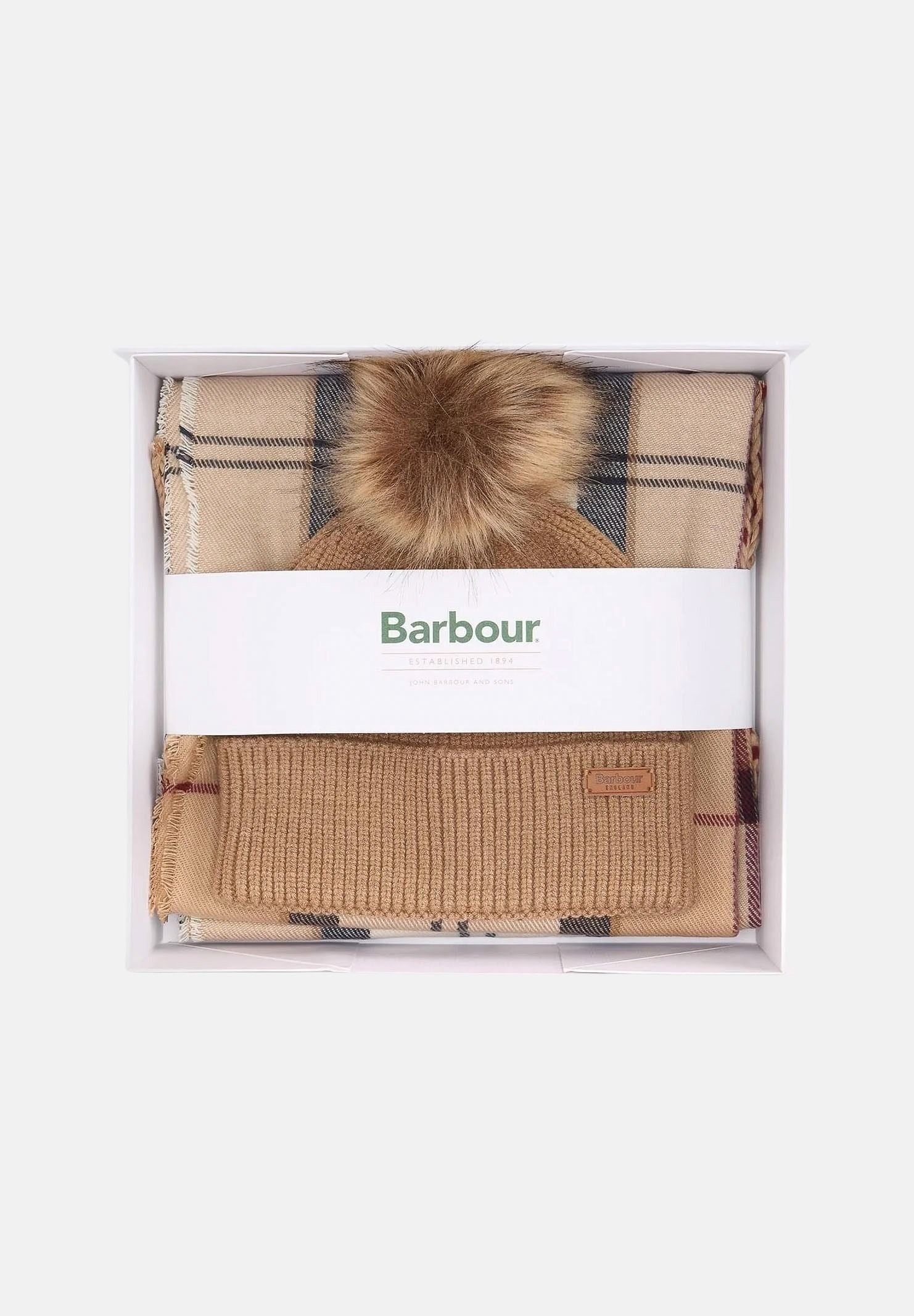 BARBOUR Set berretto e sciarpa TARTAN SERAPE & BEANIE GIFT SET beige da donna con frange 262MLGS0054 BE31 BARBOUR 