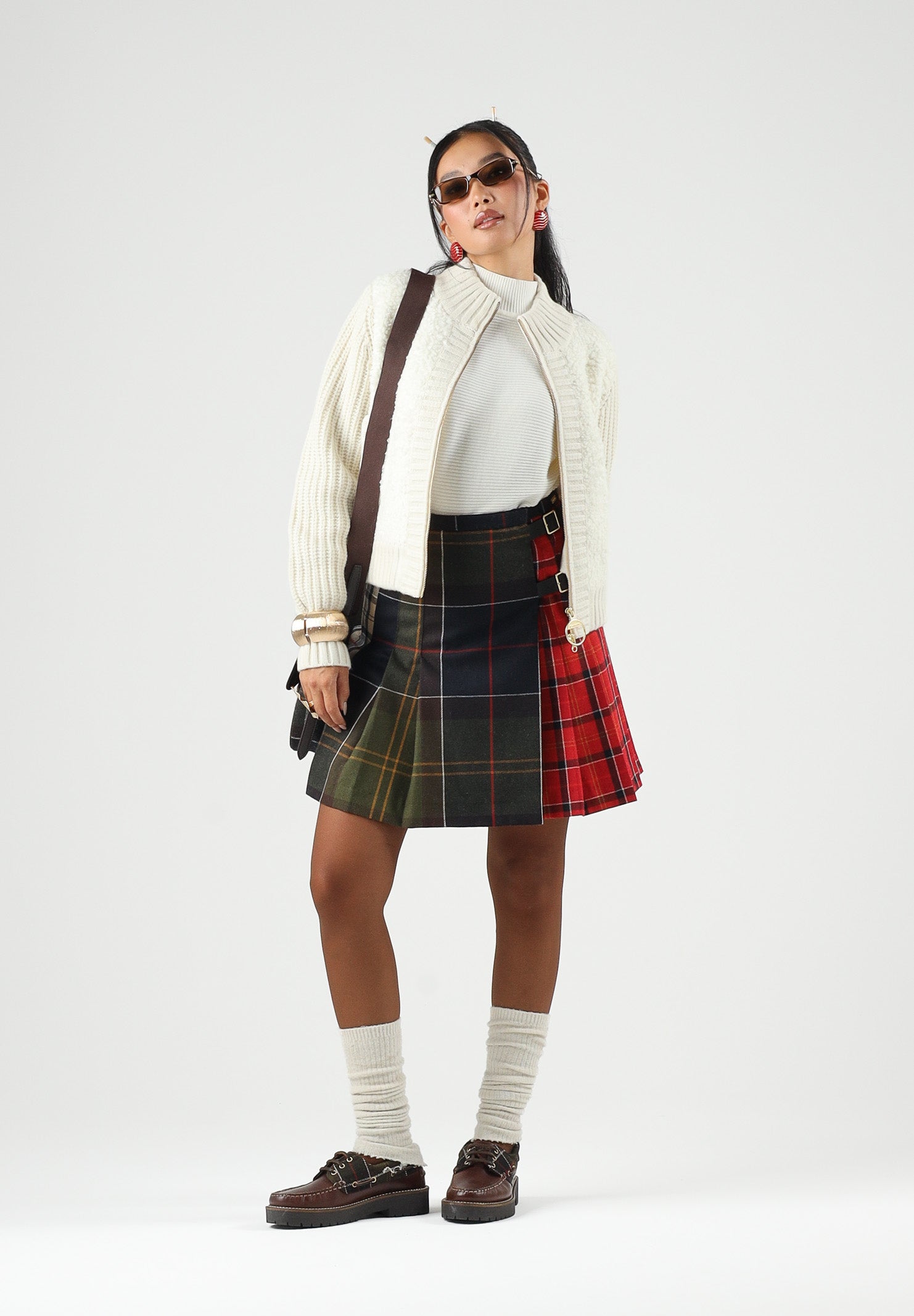 BARBOUR Gonna corta PATCHWORK verde-rossa da donna con lavorazione tartan e doppi cinturini 262MLSK0181 TN94 BARBOUR 